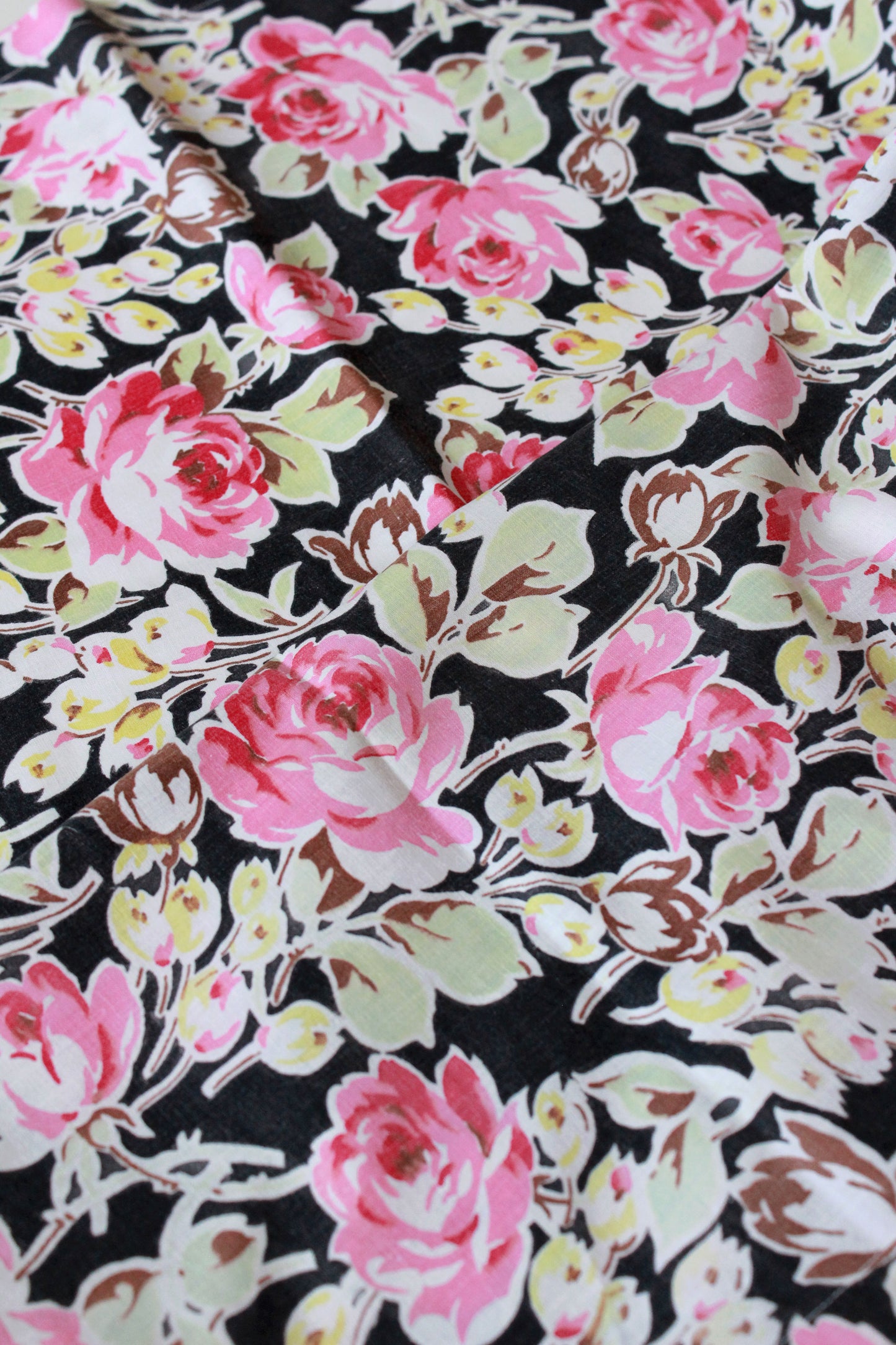 Vintage 1950s Pink And Black Flower Fabric, Cotton Summer Floral Fabric, 1.8 YardsVintage 1950s Pink And Black Flower Fabric, Cotton Summer Floral Fabric, 1.8 Yards