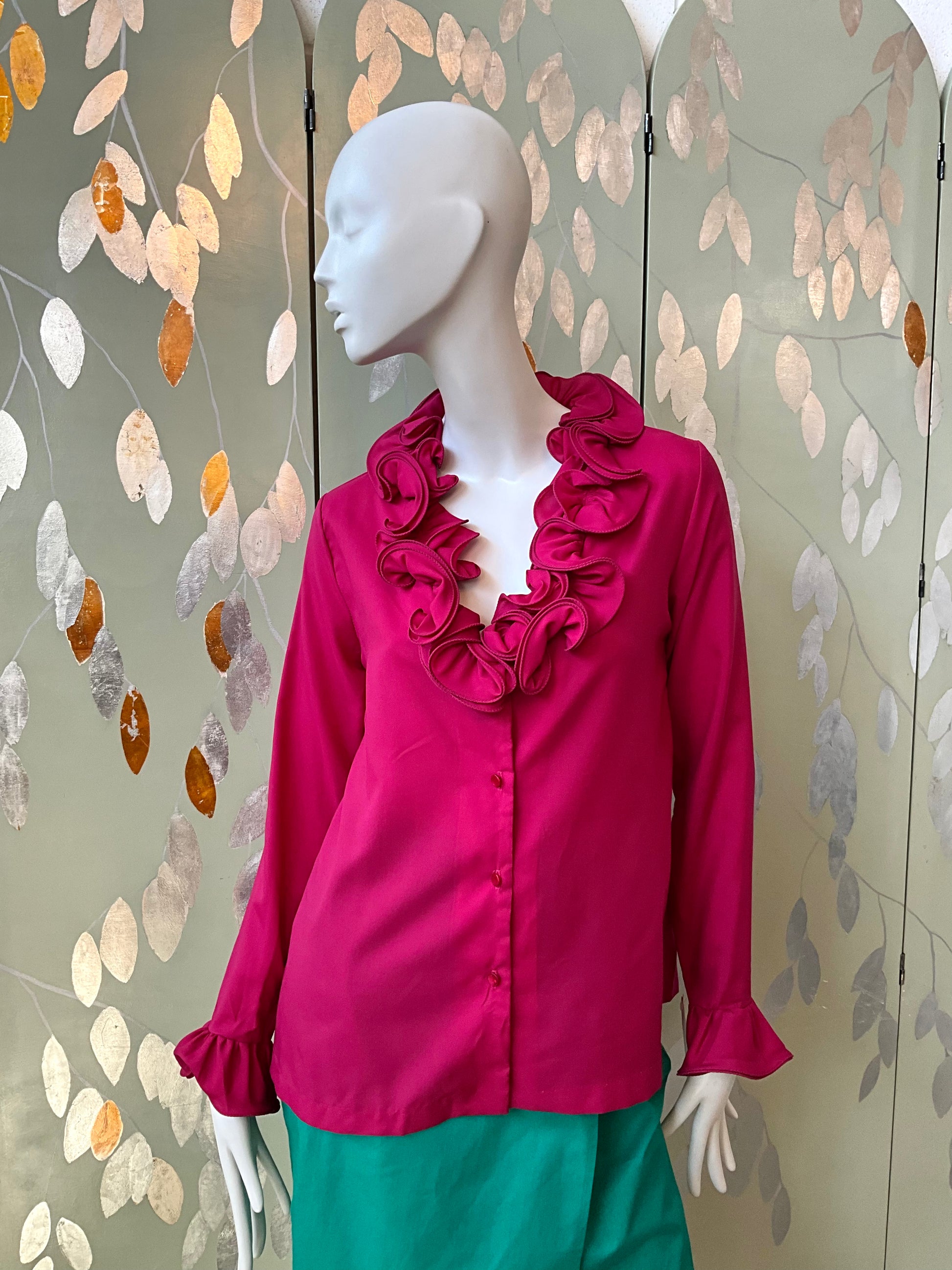 Vintage 1980s Pink Long Sleeve Ruffle Neck Blouse, Med-Lrg