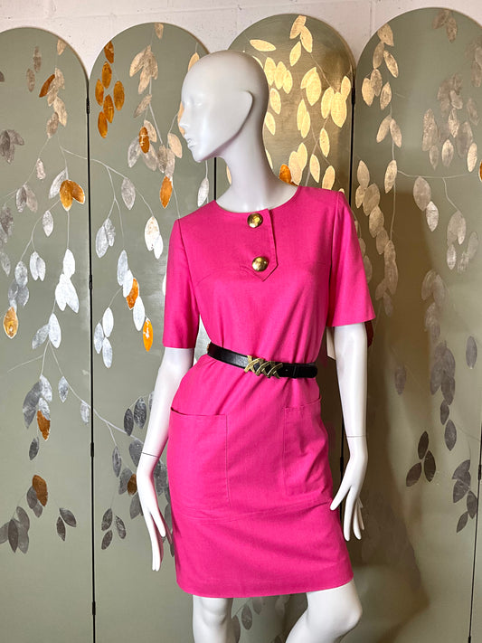 Vintage 1980s Pink Silk Guy Laroche Short Sleeve Shift Dress, Medium 