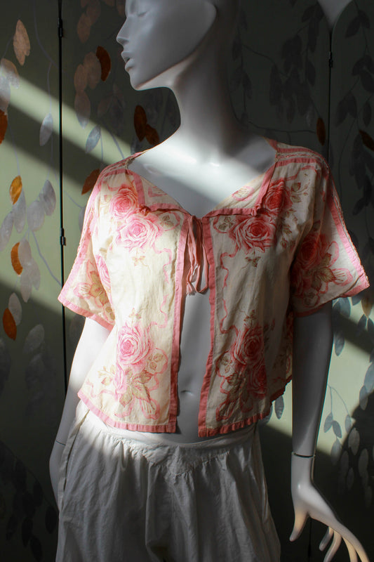 antique floral rose print ribbon print tie front cotton bed jacket blouse, short sleeves, lace insets, collar