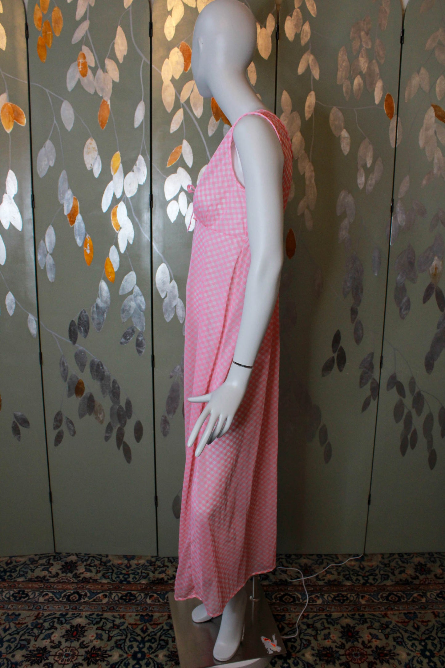 1970s sheer pink and white gingham maxi night gown with deep v neck coquette aesthetic