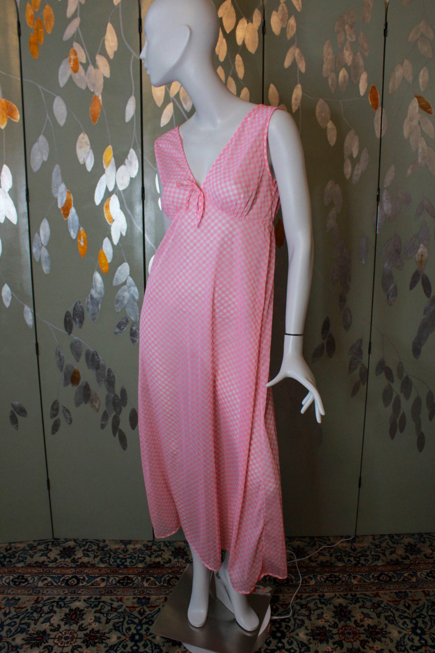 1970s sheer pink and white gingham maxi night gown with deep v neck coquette aesthetic