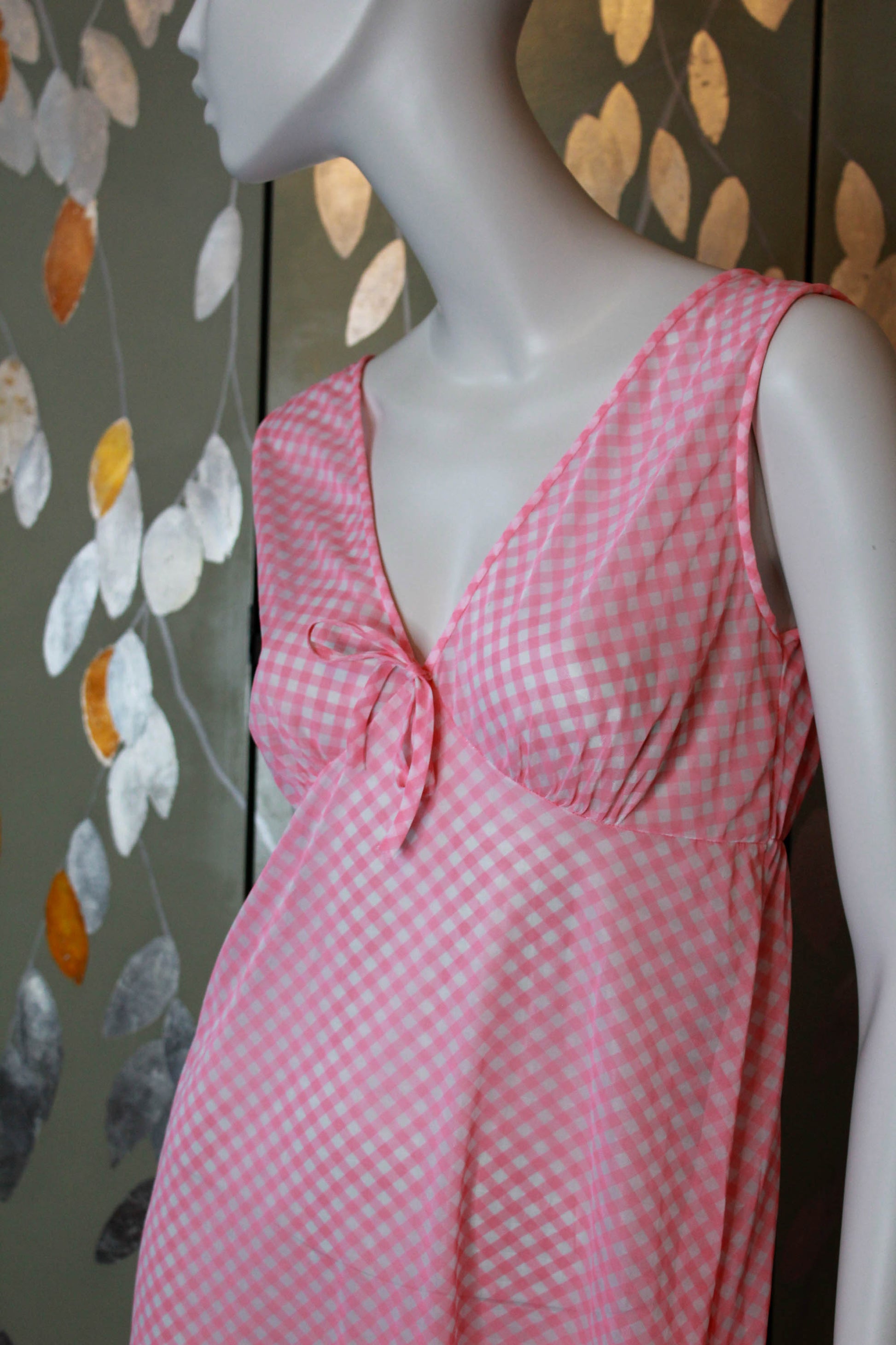 1970s sheer pink and white gingham maxi night gown with deep v neck coquette aesthetic