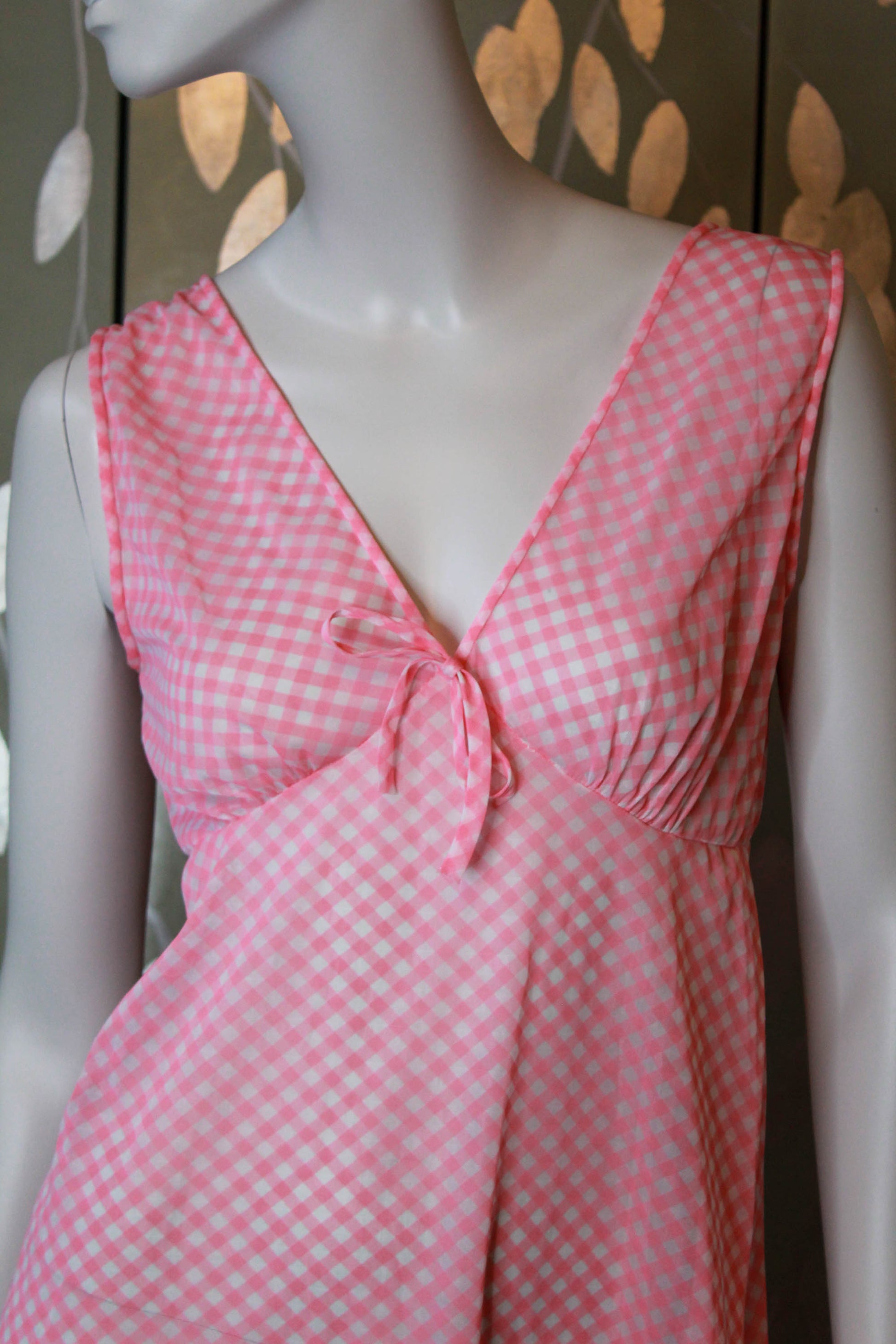 1970s sheer pink and white gingham maxi night gown with deep v neck coquette aesthetic