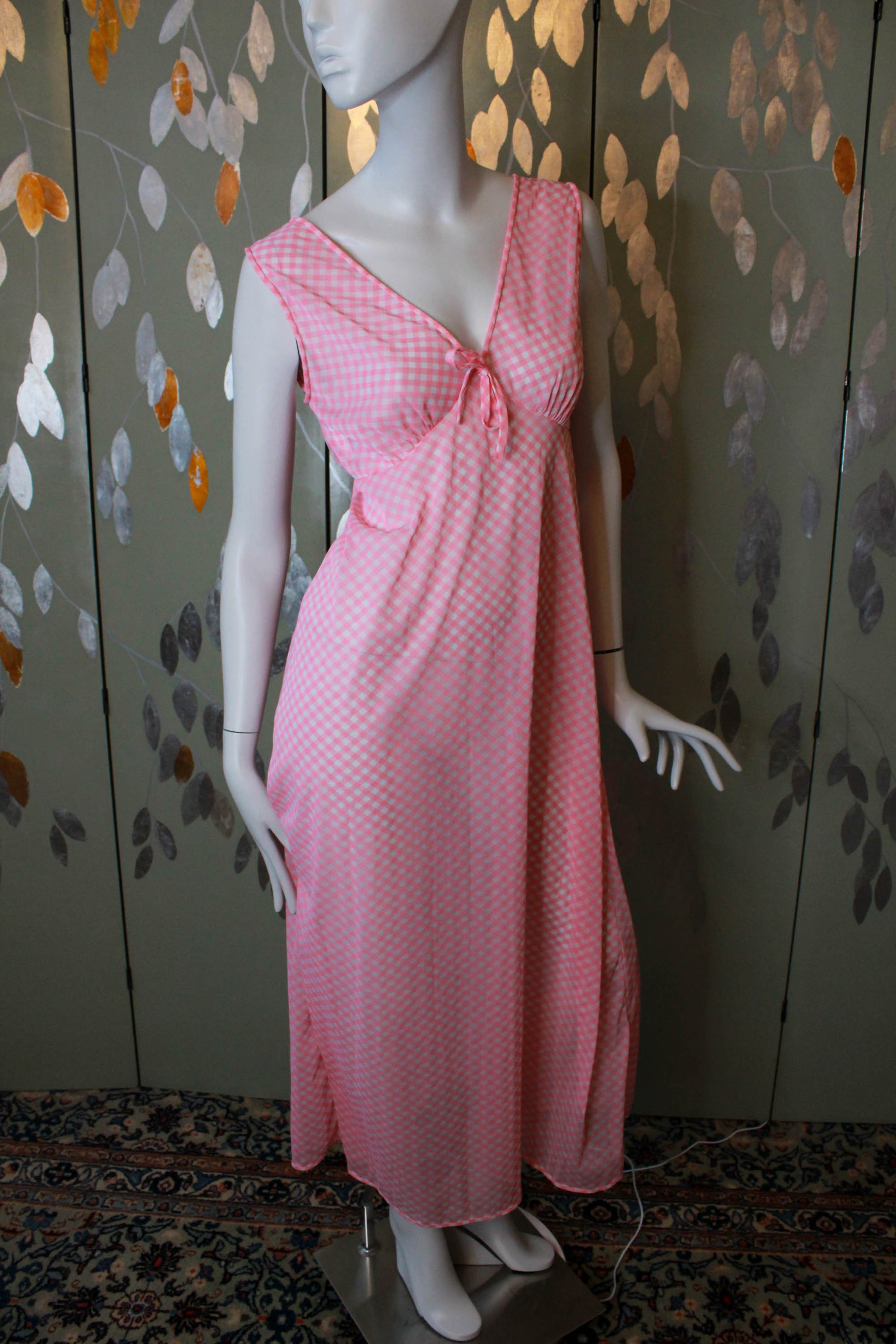 1970s sheer pink and white gingham maxi night gown with deep v neck coquette aesthetic