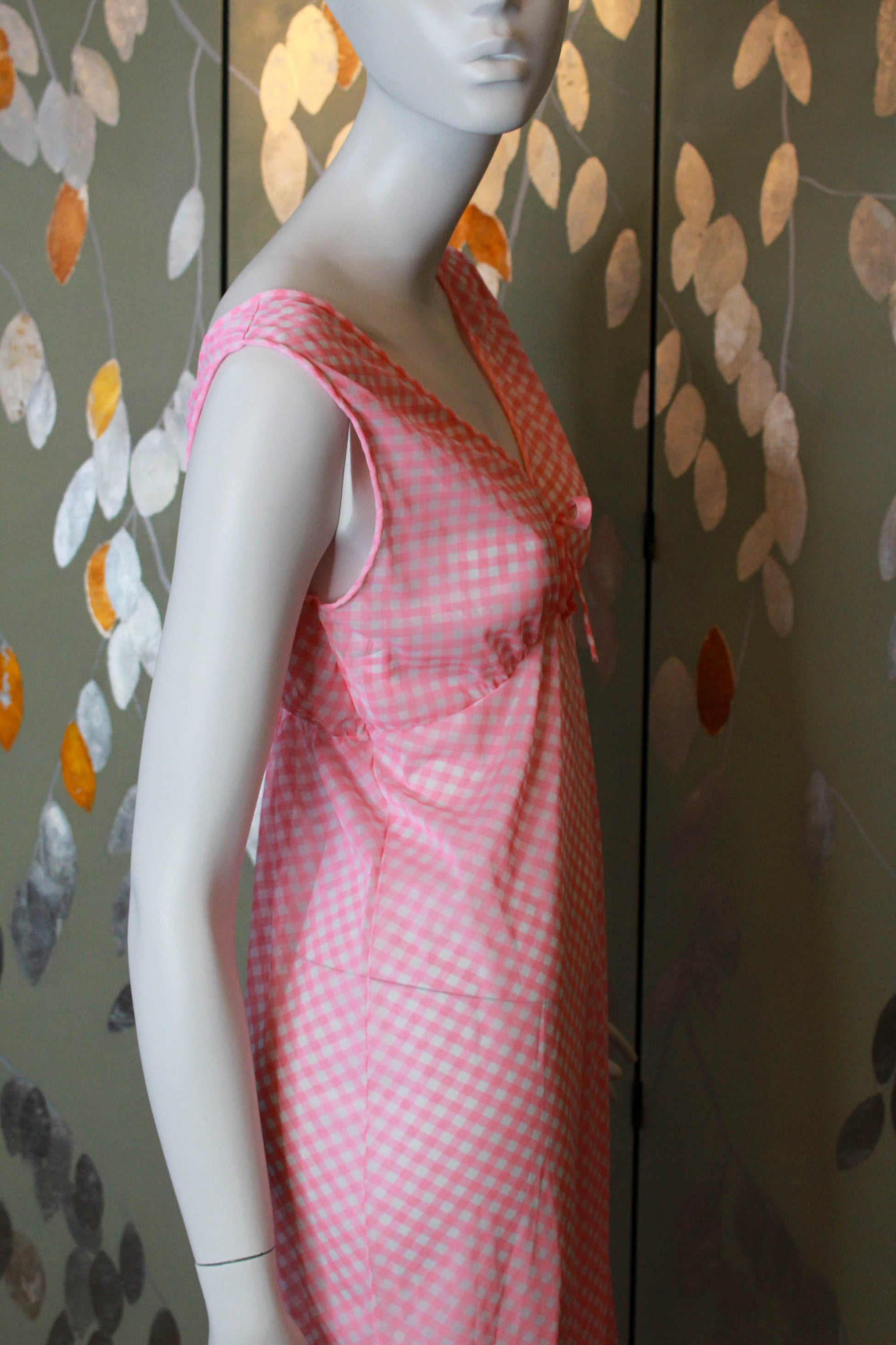 1970s sheer pink and white gingham maxi night gown with deep v neck coquette aesthetic