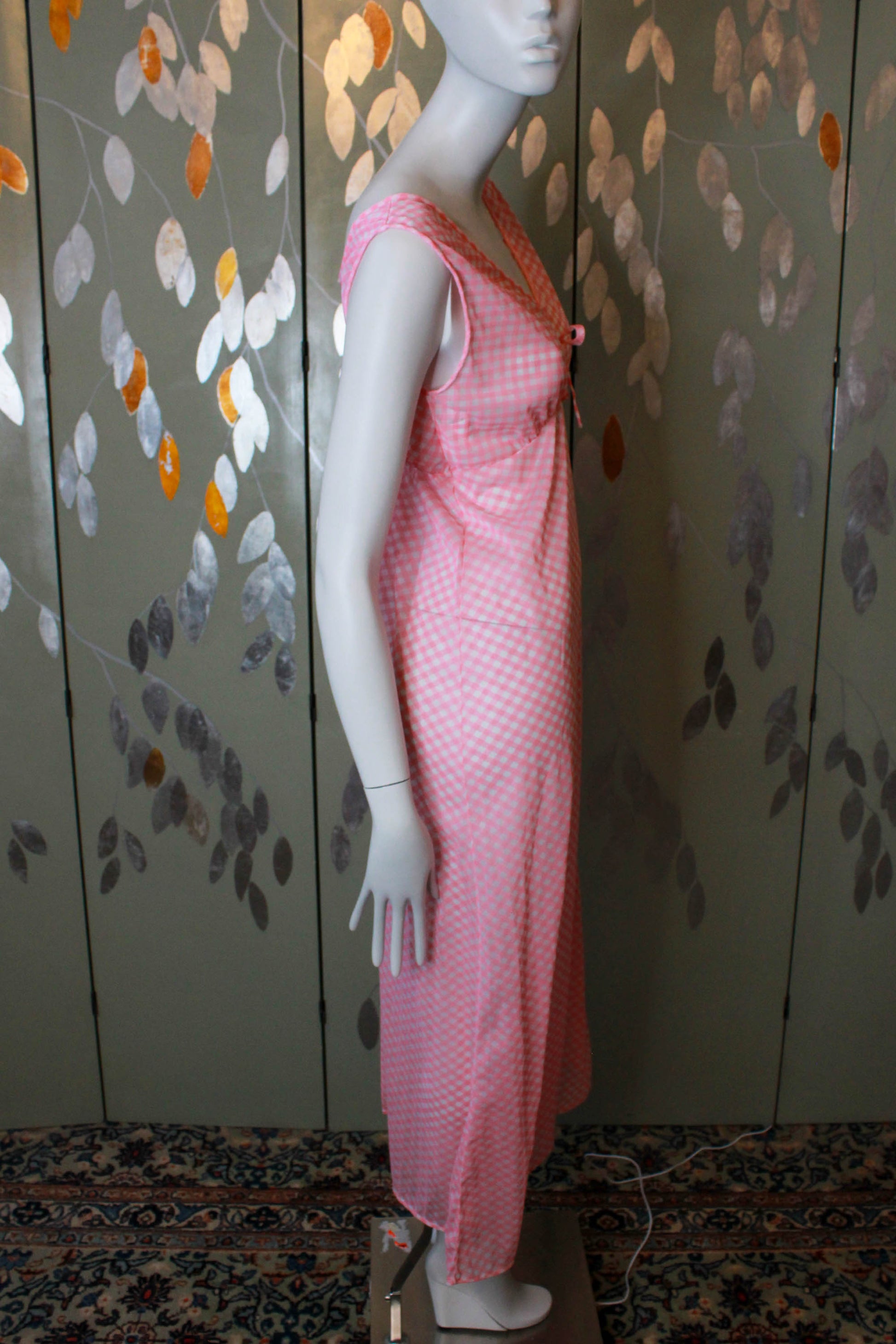 1970s sheer pink and white gingham maxi night gown with deep v neck coquette aesthetic