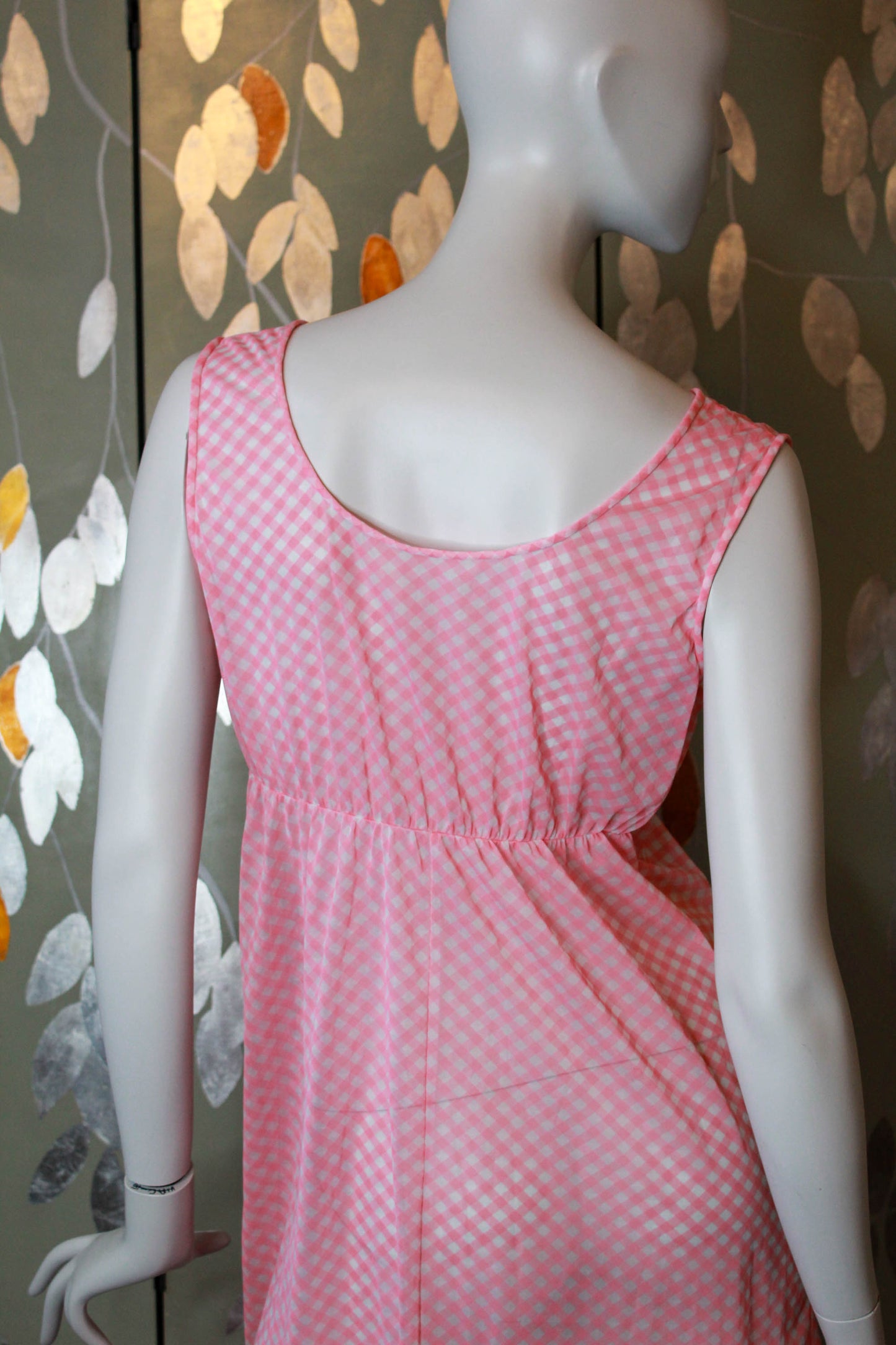 1970s sheer pink and white gingham maxi night gown with deep v neck coquette aesthetic