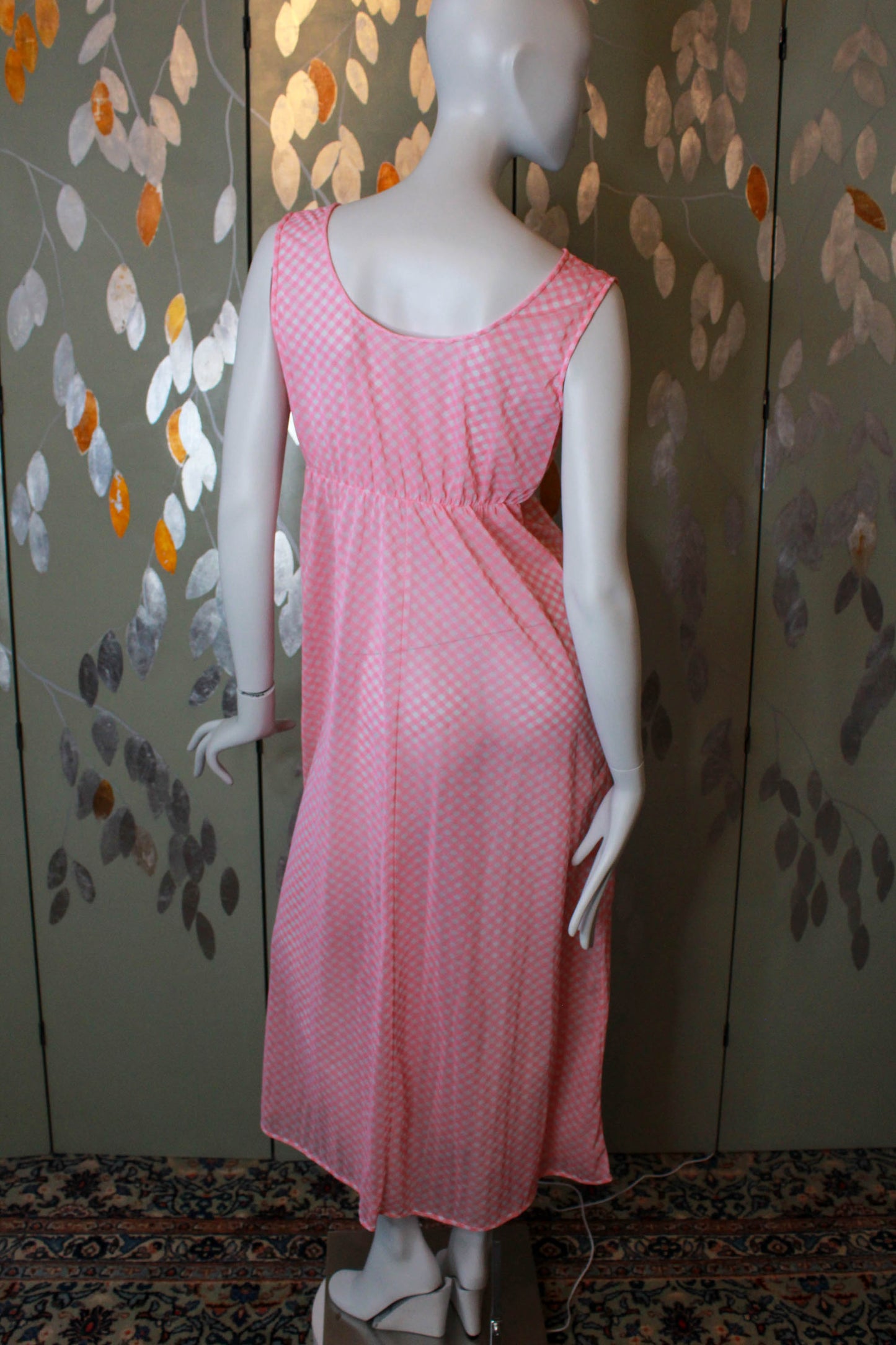 1970s sheer pink and white gingham maxi night gown with deep v neck coquette aesthetic