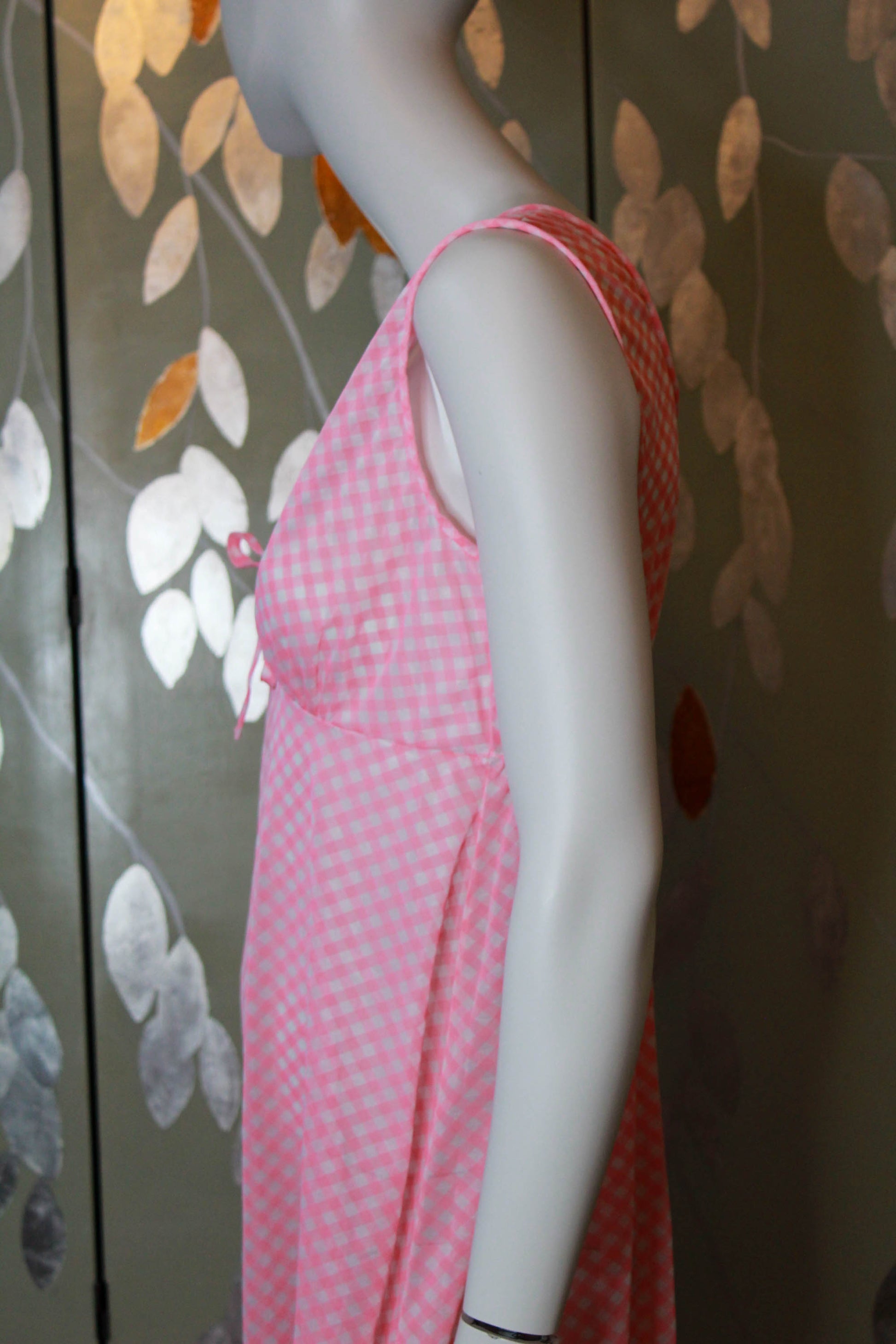 1970s sheer pink and white gingham maxi night gown with deep v neck coquette aesthetic