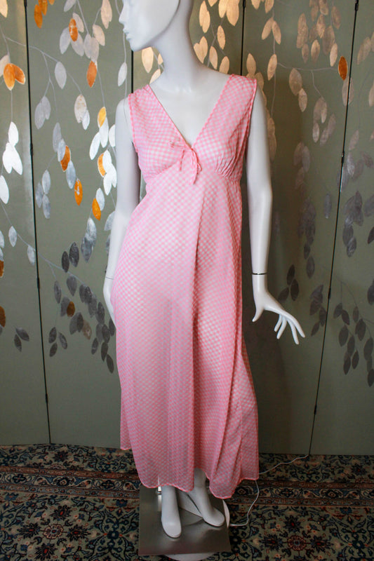 1970s sheer pink and white gingham maxi night gown with deep v neck coquette aesthetic