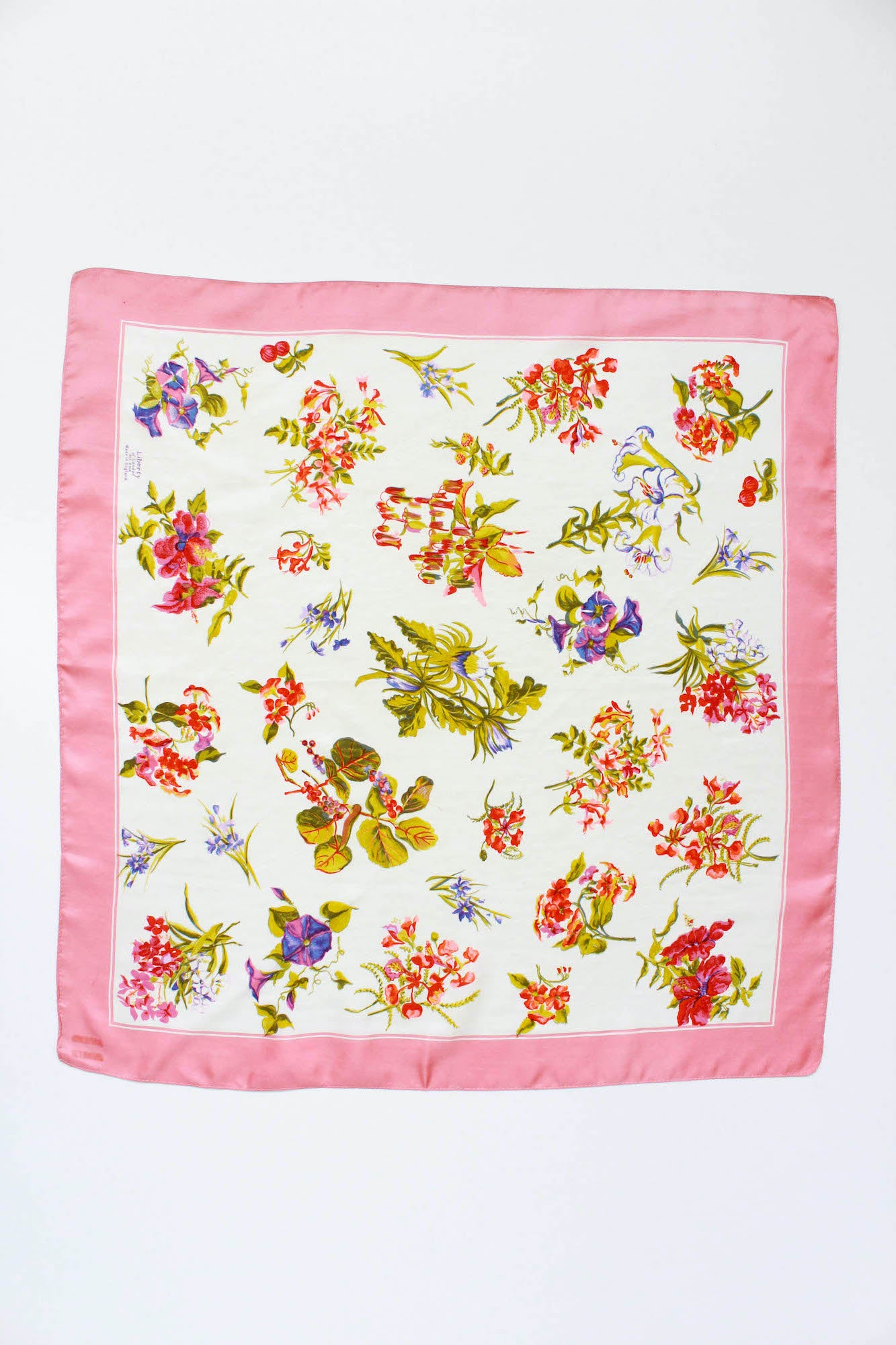 vintage liberty of london floral print silk scarf, cream with pink border and green/red/purple flowers
