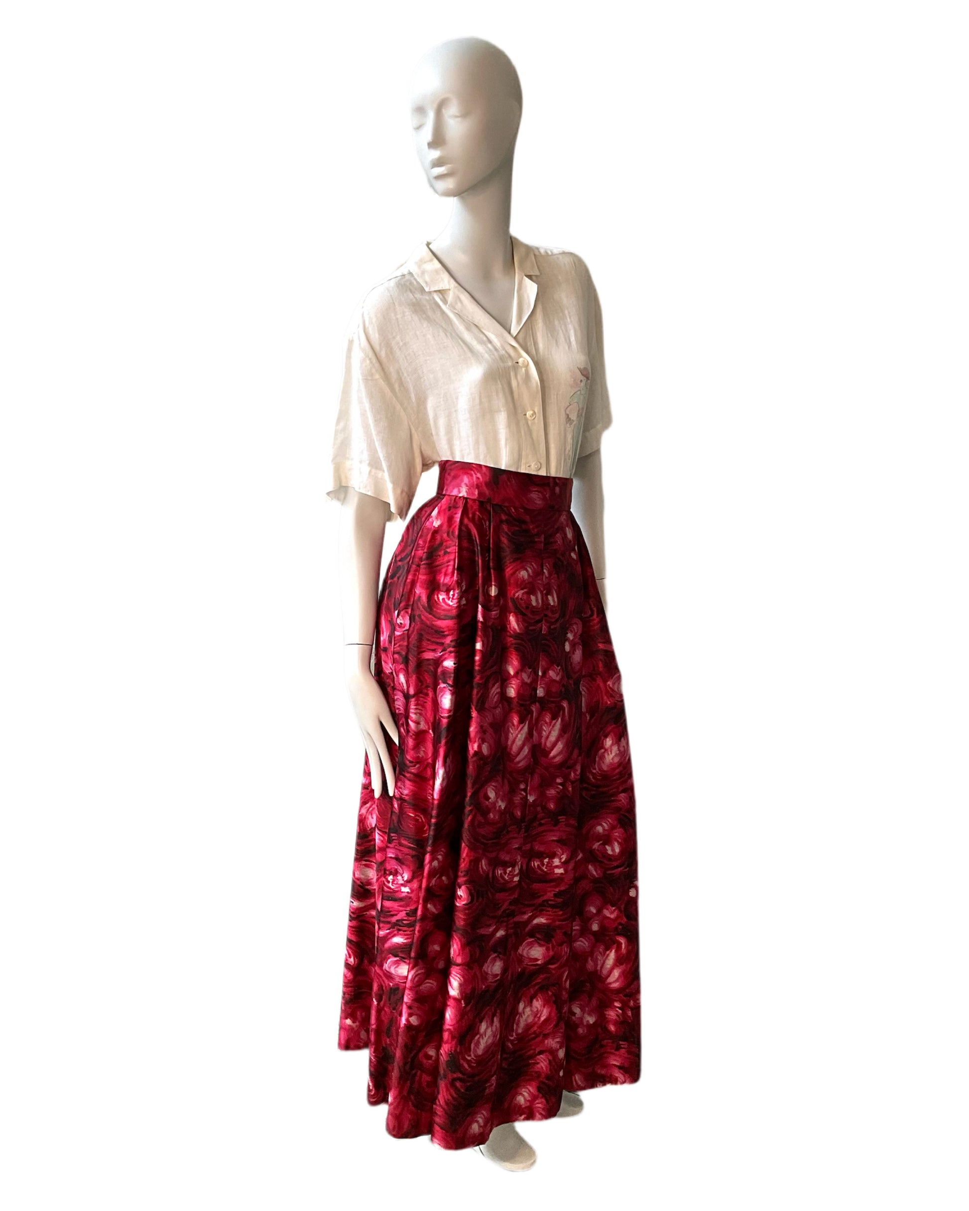 Vintage 1970s Homemade Pink Abstract Print Satin Maxi Skirt, Small