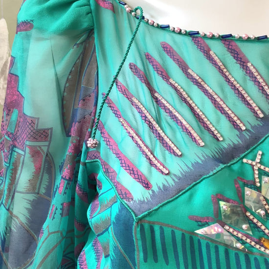 Vintage 1983 Zandra Rhodes Turquoise Printed Embellished Silk Chiffon Fairy Gown, Size 6