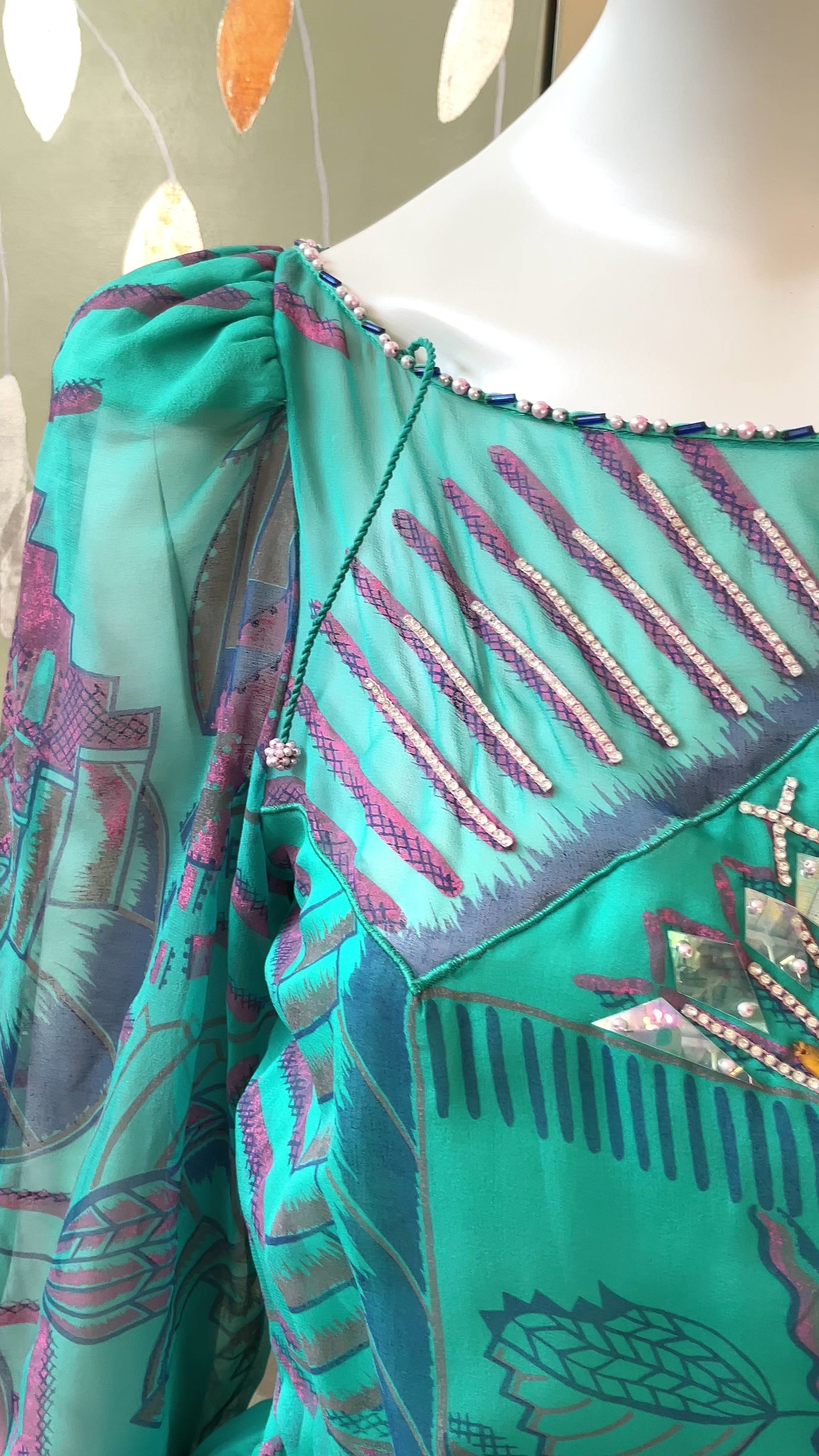Vintage 1983 Zandra Rhodes Turquoise Printed Embellished Silk Chiffon Fairy Gown, Size 6