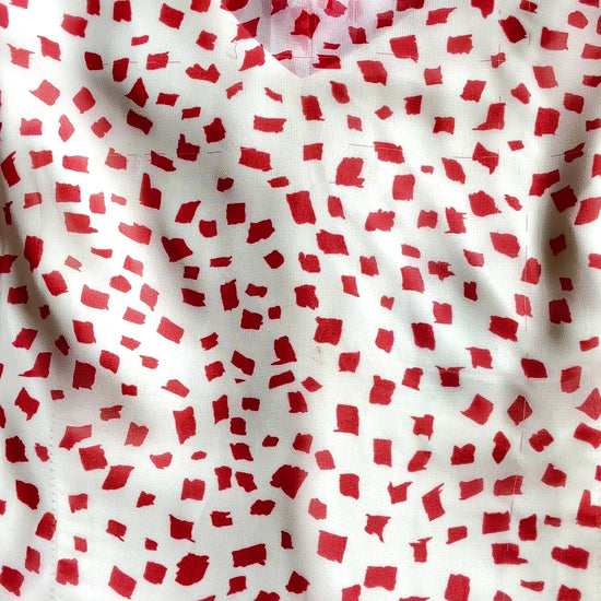 Vintage 1980s White Silk Chiffon Cocktail Dress with Red Geometric Print, S/M