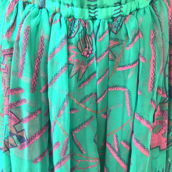 Vintage 1983 Zandra Rhodes Turquoise Printed Embellished Silk Chiffon Fairy Gown, Size 6