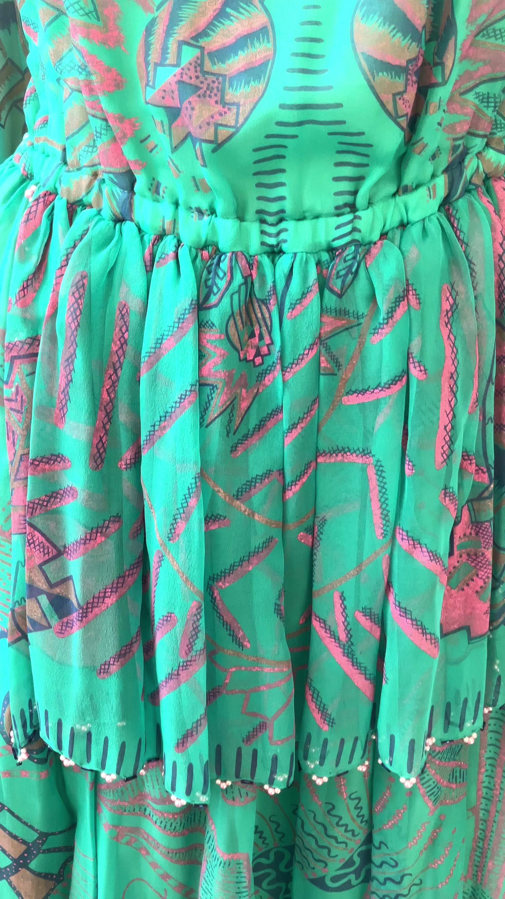 Vintage 1983 Zandra Rhodes Turquoise Printed Embellished Silk Chiffon Fairy Gown, Size 6