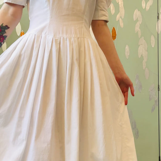 Vintage 1980s Nancy Johnson White Linen Cotton Lace Midi Dress, Medium