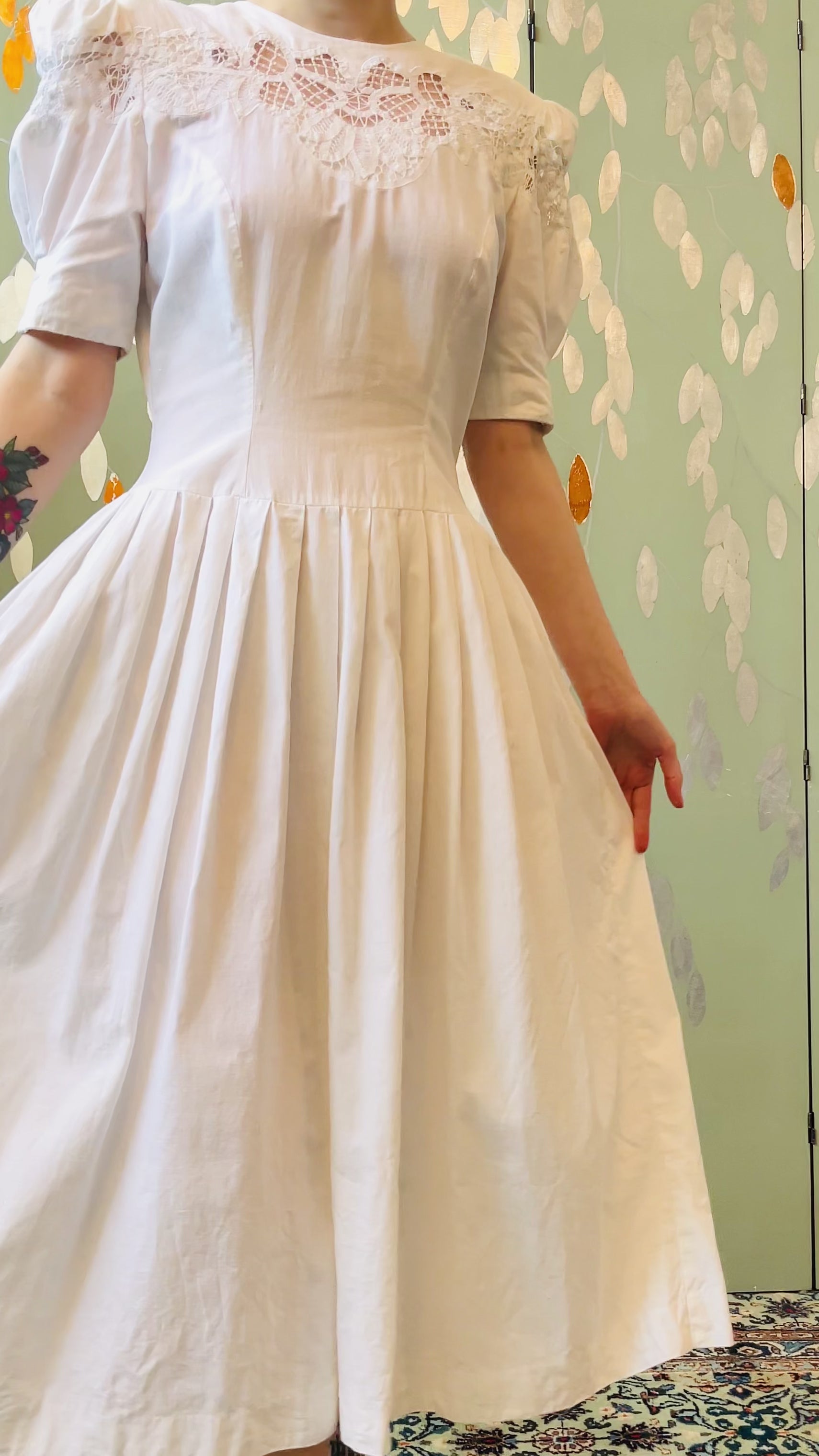 Vintage 1980s Nancy Johnson White Linen Cotton Lace Midi Dress, Medium