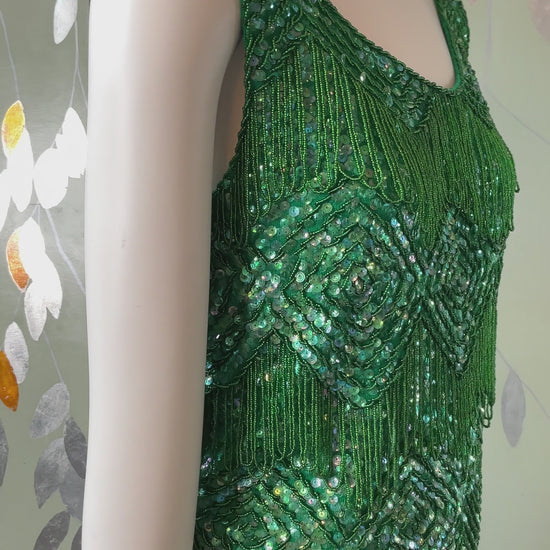 Vintage 1960s Deadstock Green Sequin & Bead Shimmy Top, M