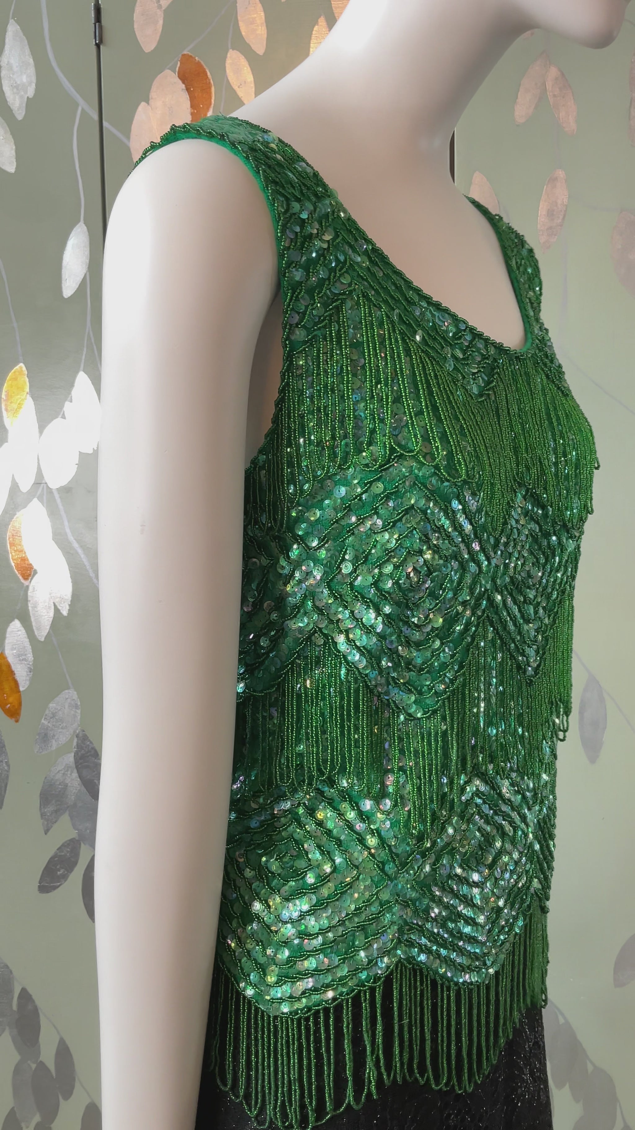 Vintage 1960s Deadstock Green Sequin & Bead Shimmy Top, M