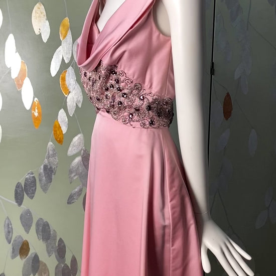 Vintage 1960s Pink Satin Beaded Evening Gown, Ruth Dukas, XS