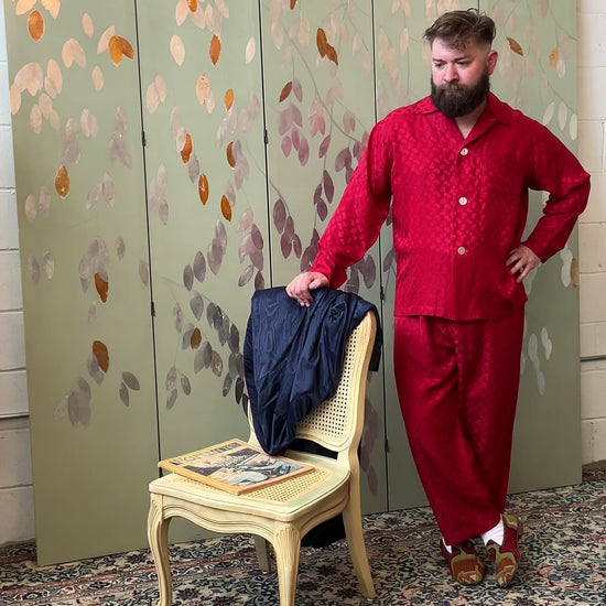 Vintage 1950s Men's Red Satin Damask Pyjama Set, Large