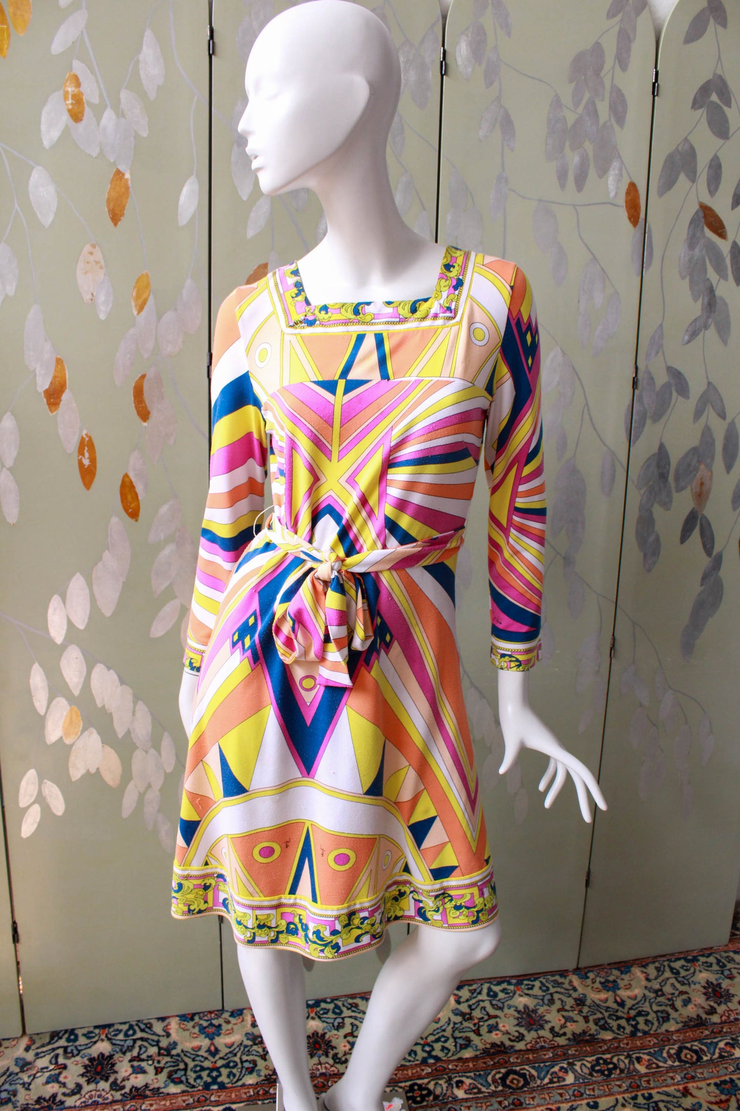 1960s Emilio Pucci Geometric Print Cotton Jersey Long Sleeve Belted Dress with Square Neckline, Knee Length Vintage Pucci1