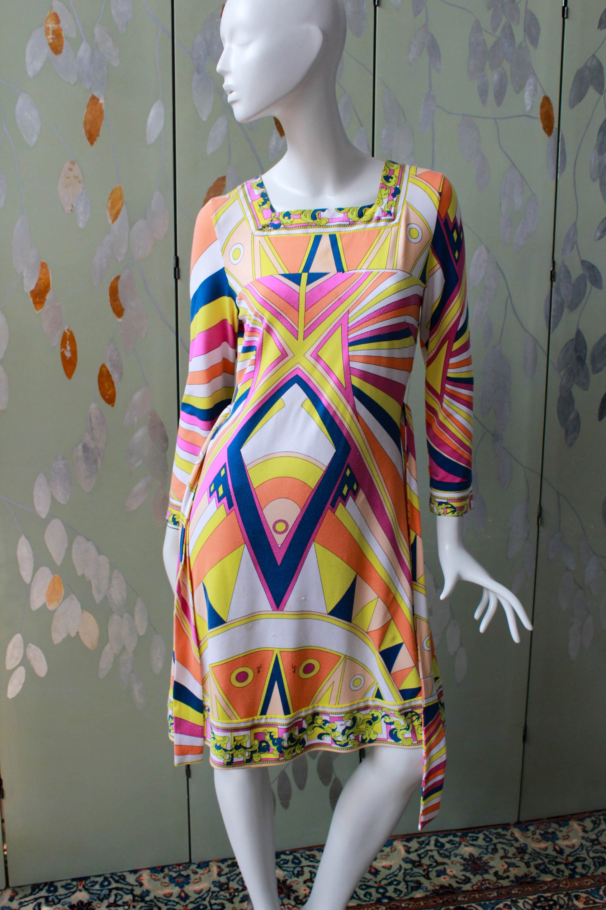 1960s Emilio Pucci Geometric Print Cotton Jersey Long Sleeve Belted Dress with Square Neckline, Knee Length Vintage Pucci