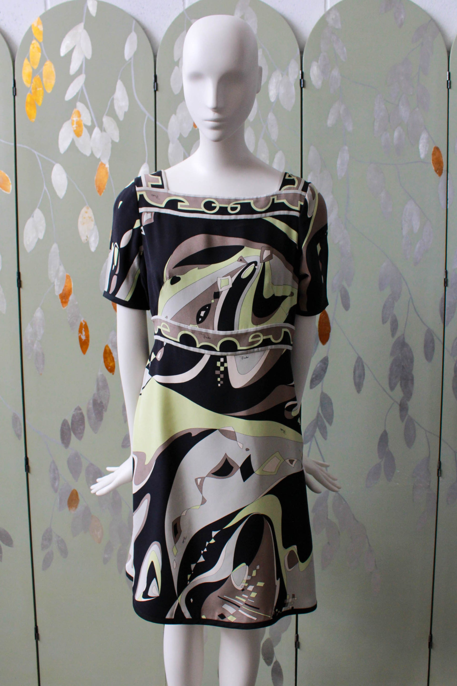 Vintage Pucci Green and Brown Print A Line Dress, S/M Ian Drummond Vintage Vintage Pucci Green and Brown Print A Line Dress, S/M Ian Drummond Vintage