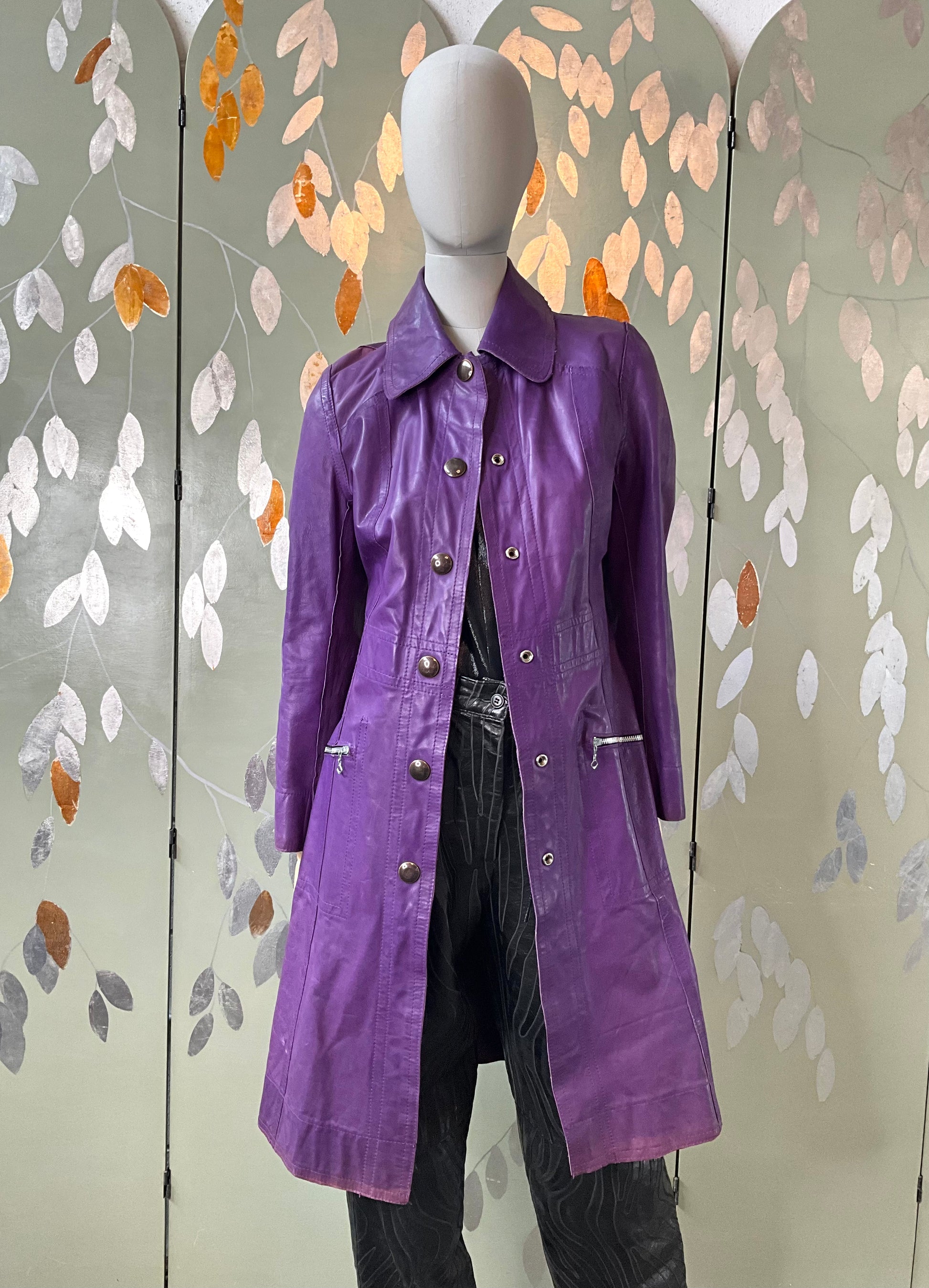 Vintage 1970s Purple Leather Snap Front Coat, XS