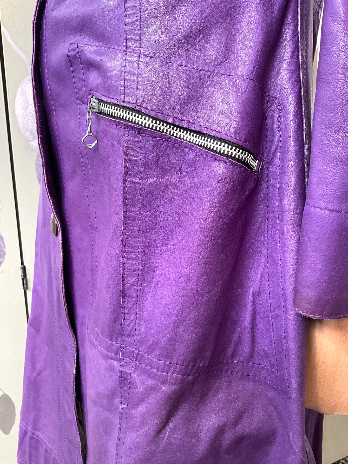 Vintage 1970s Purple Leather Snap Front Coat, XS