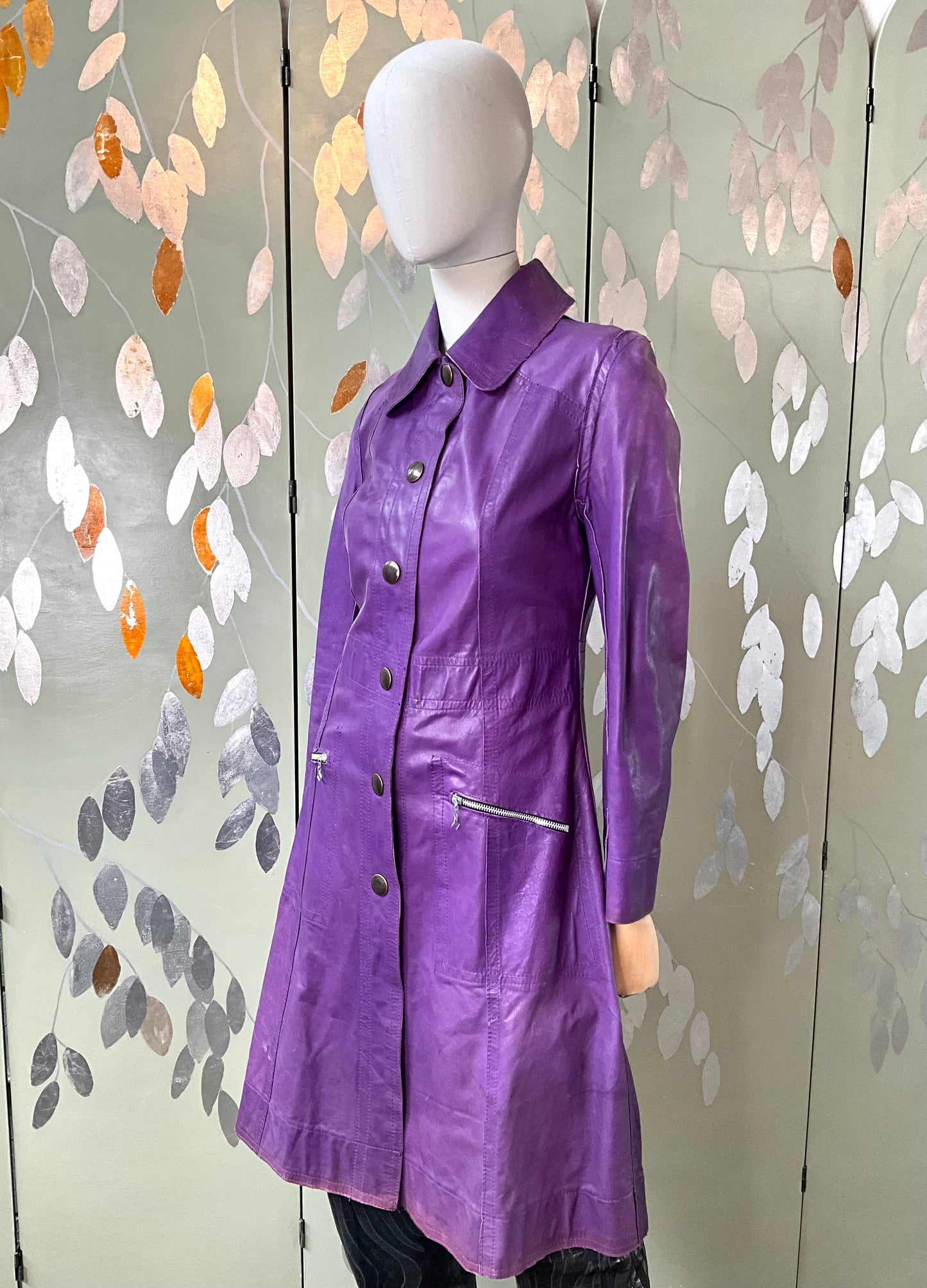 Vintage 1970s Purple Leather Snap Front Coat, XS