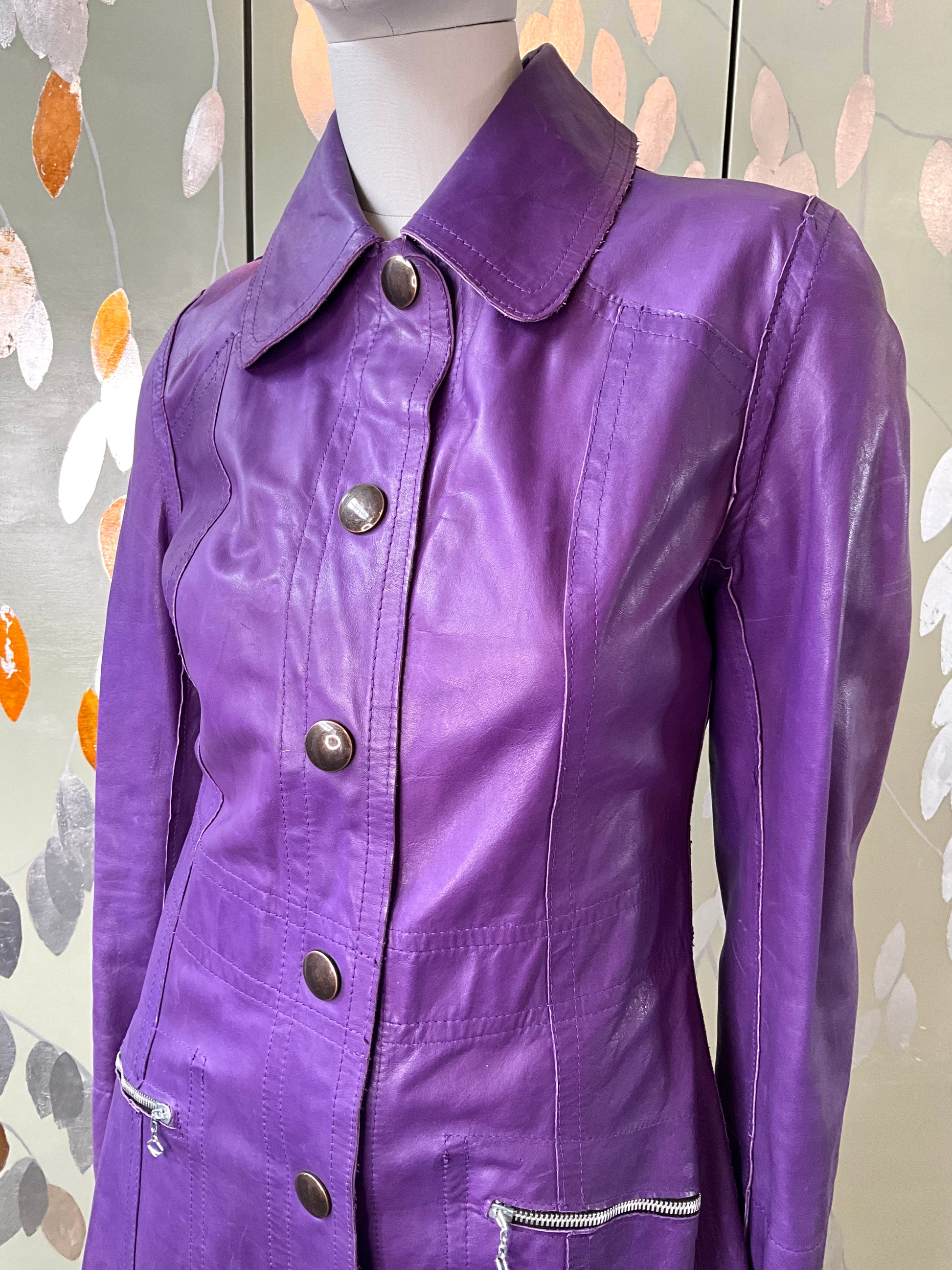 Vintage 1970s Purple Leather Snap Front Coat, XS