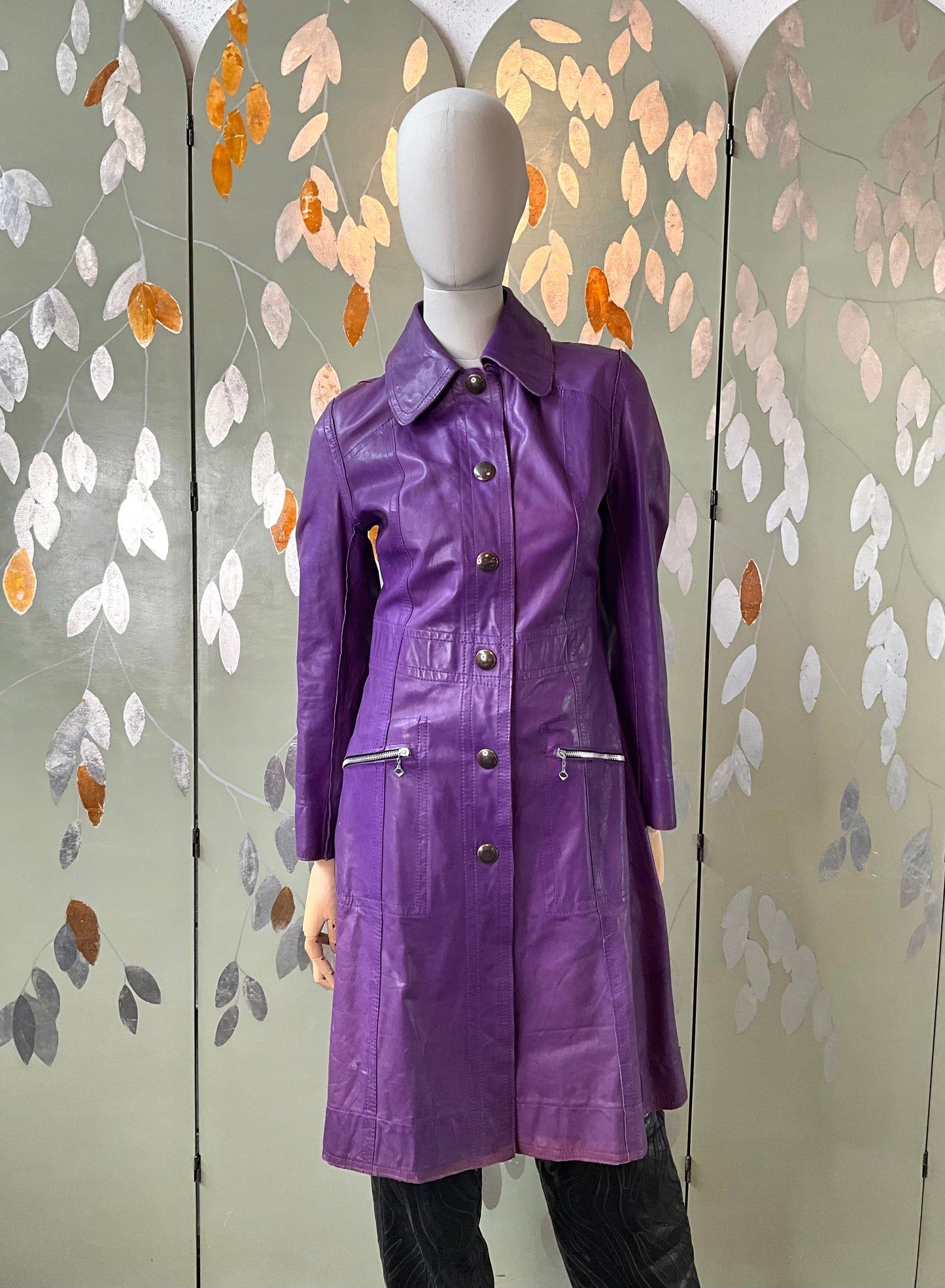 Vintage 1970s Purple Leather Snap Front Coat, XS