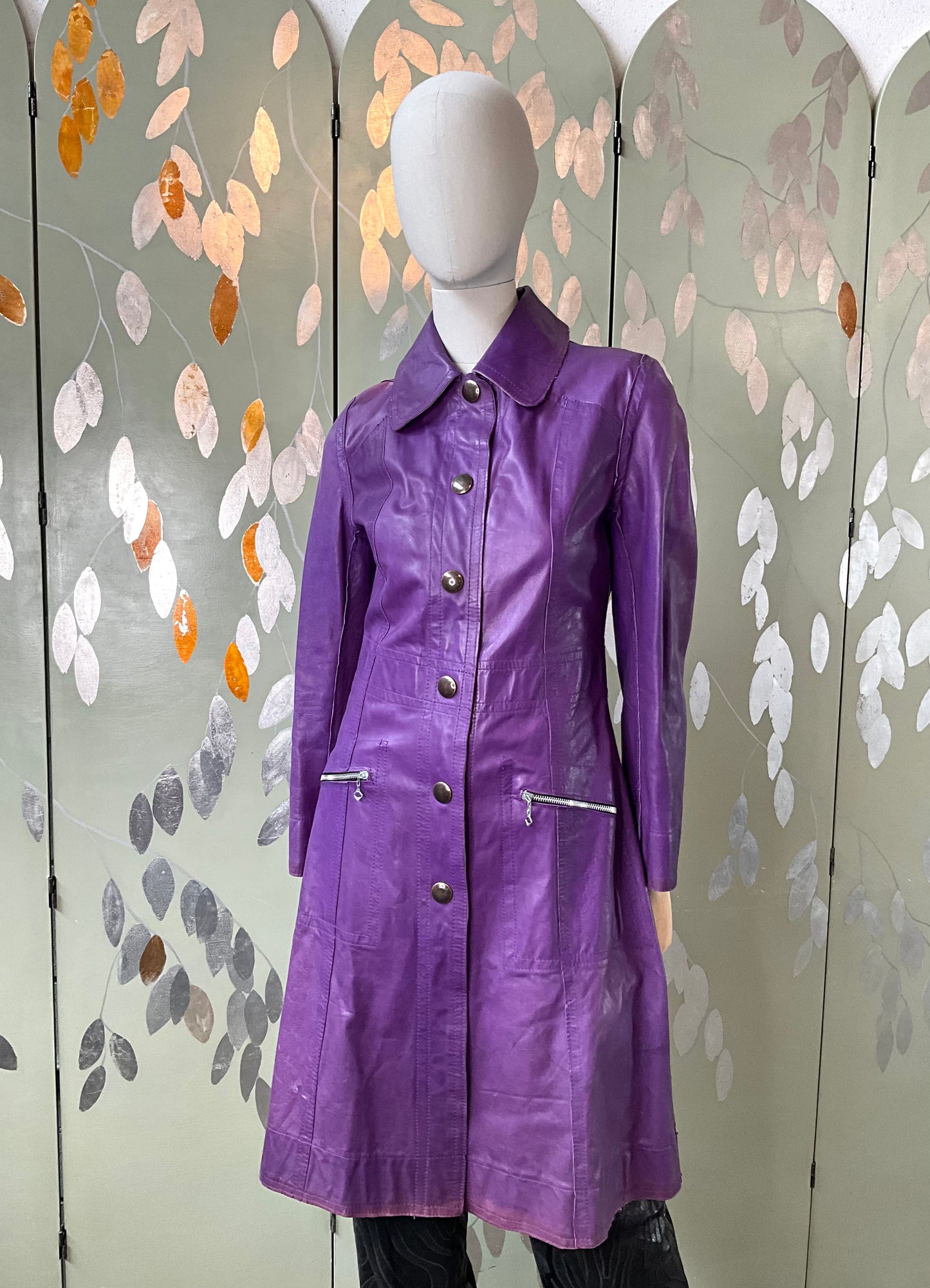 Vintage 1970s Purple Leather Snap Front Coat, XS