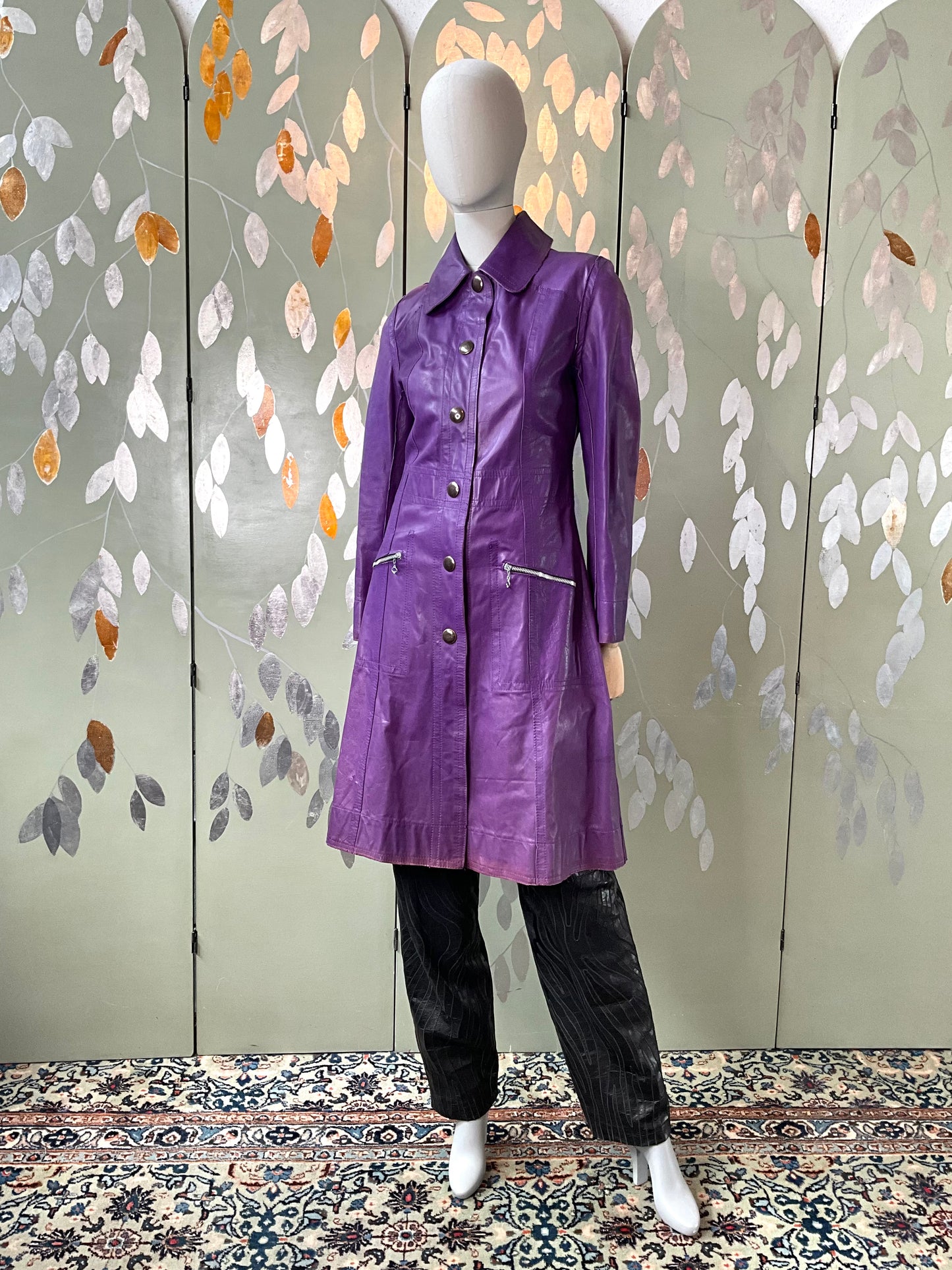 Vintage 1970s Purple Leather Snap Front Coat, XS