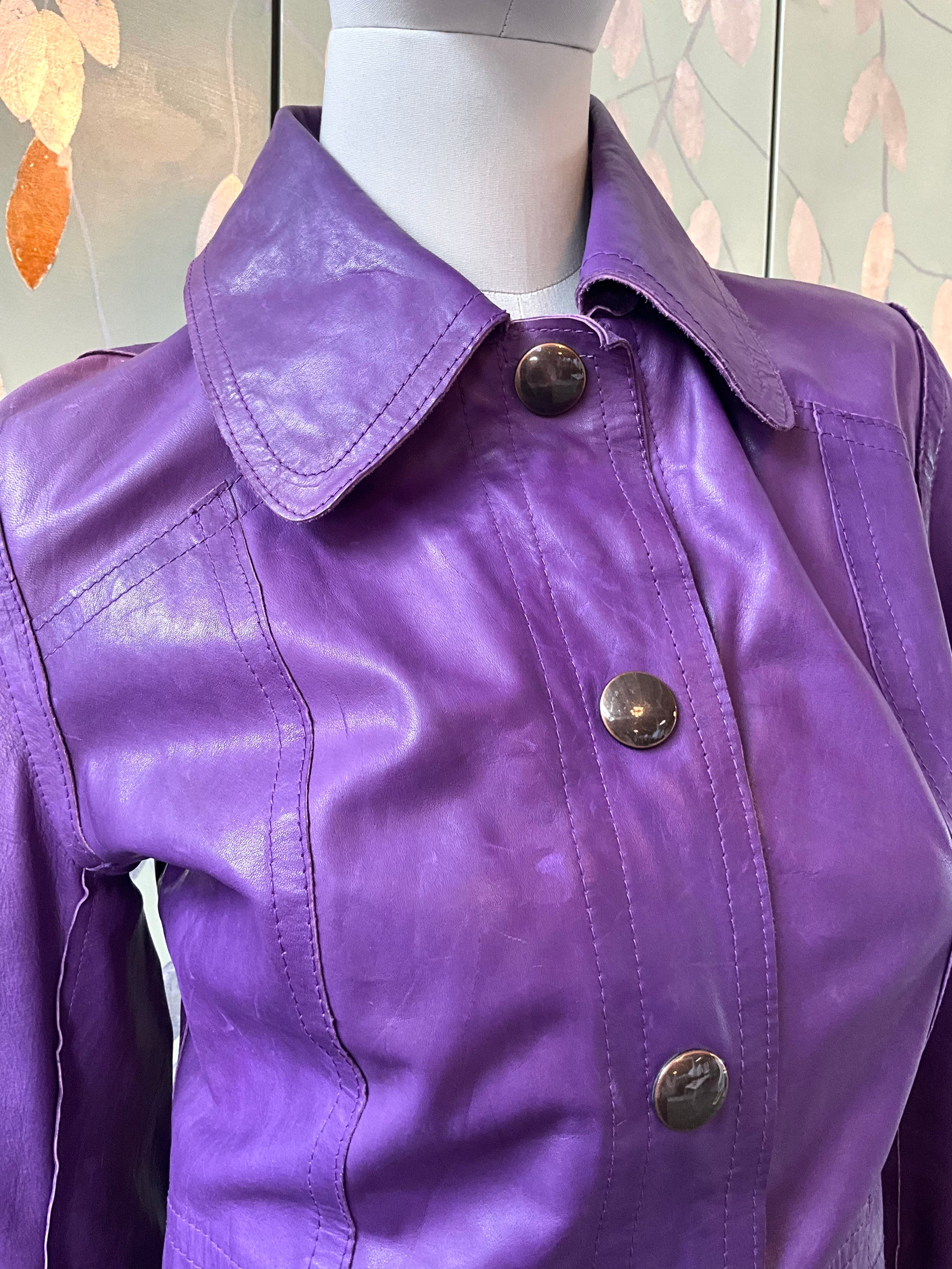 Vintage 1970s Purple Leather Snap Front Coat, XS