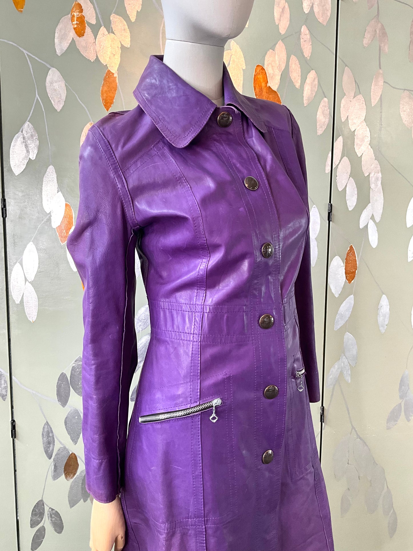 Vintage 1970s Purple Leather Snap Front Coat, XS