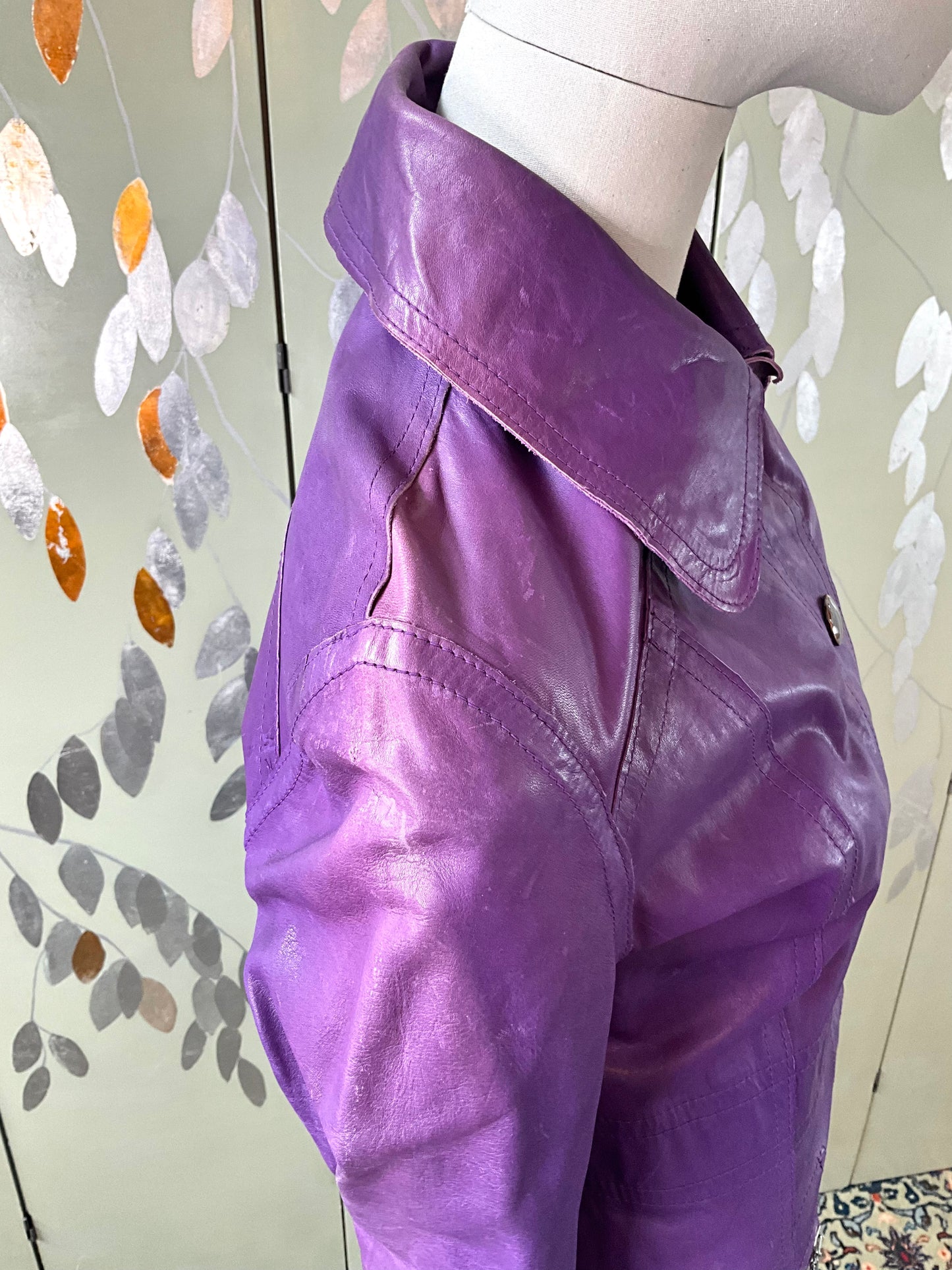 Vintage 1970s Purple Leather Snap Front Coat, XS