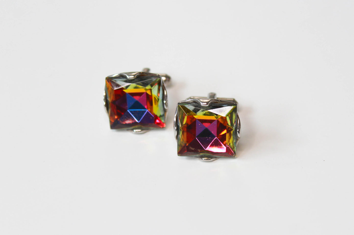 1970s vitrail watermelon glass crystal swank cufflinks, square shape multi coloured pink green orange, vintage gift for him