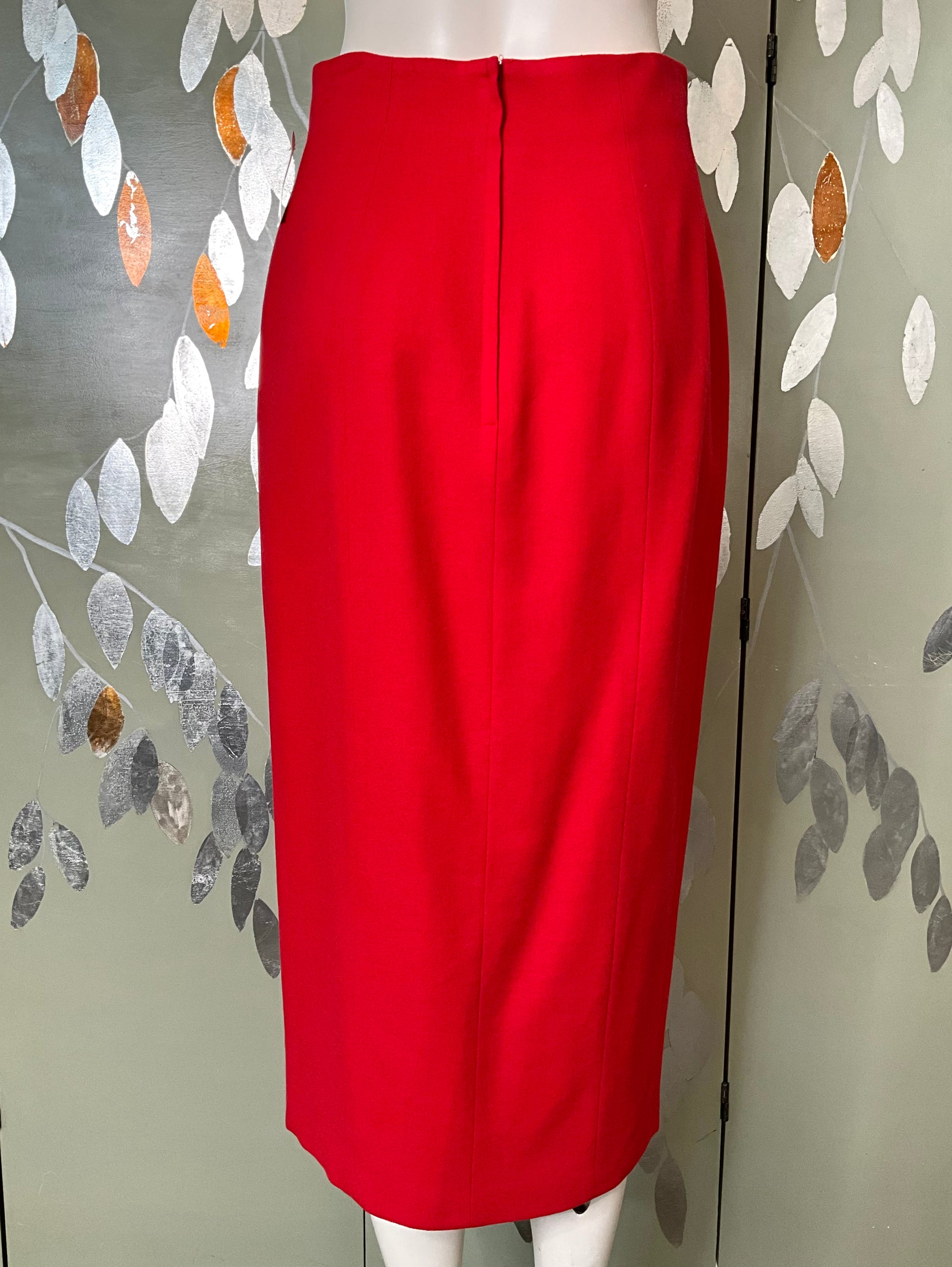 Vintage 1990s Red Midi Pencil Skirt with Slit, Small 