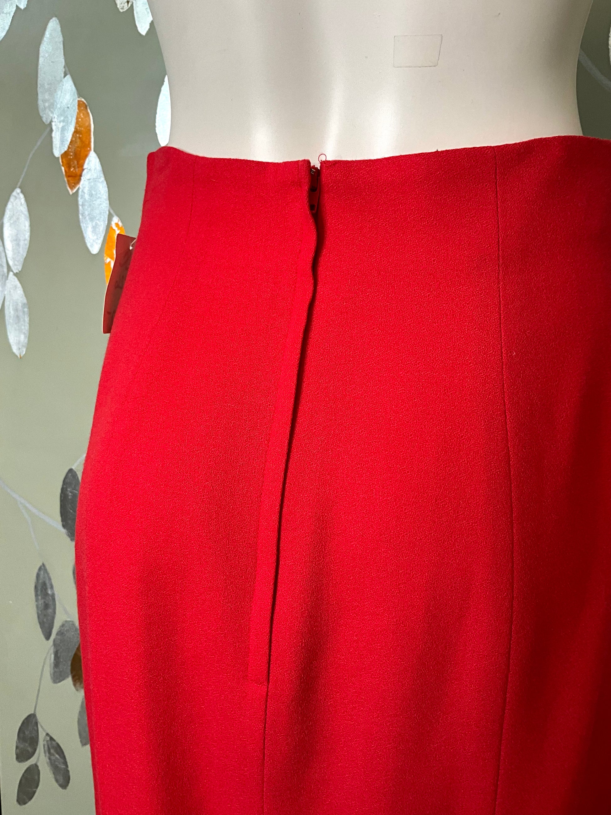 Vintage 1990s Red Midi Pencil Skirt with Slit, Small 