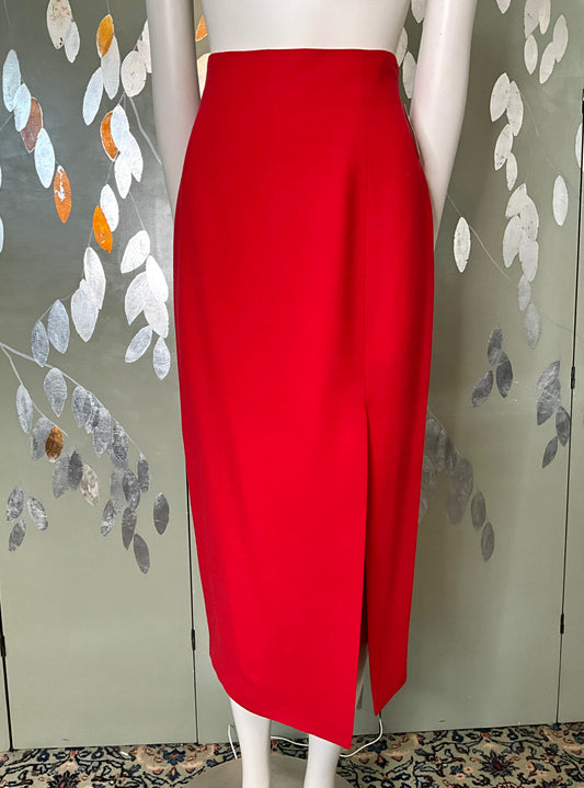 Vintage 1990s Red Midi Pencil Skirt with Slit, Small 