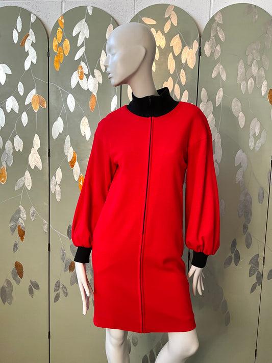 Vintage 1980s Red Wool Guy Laroche Athleisure Zip-Up Dress, Medium 