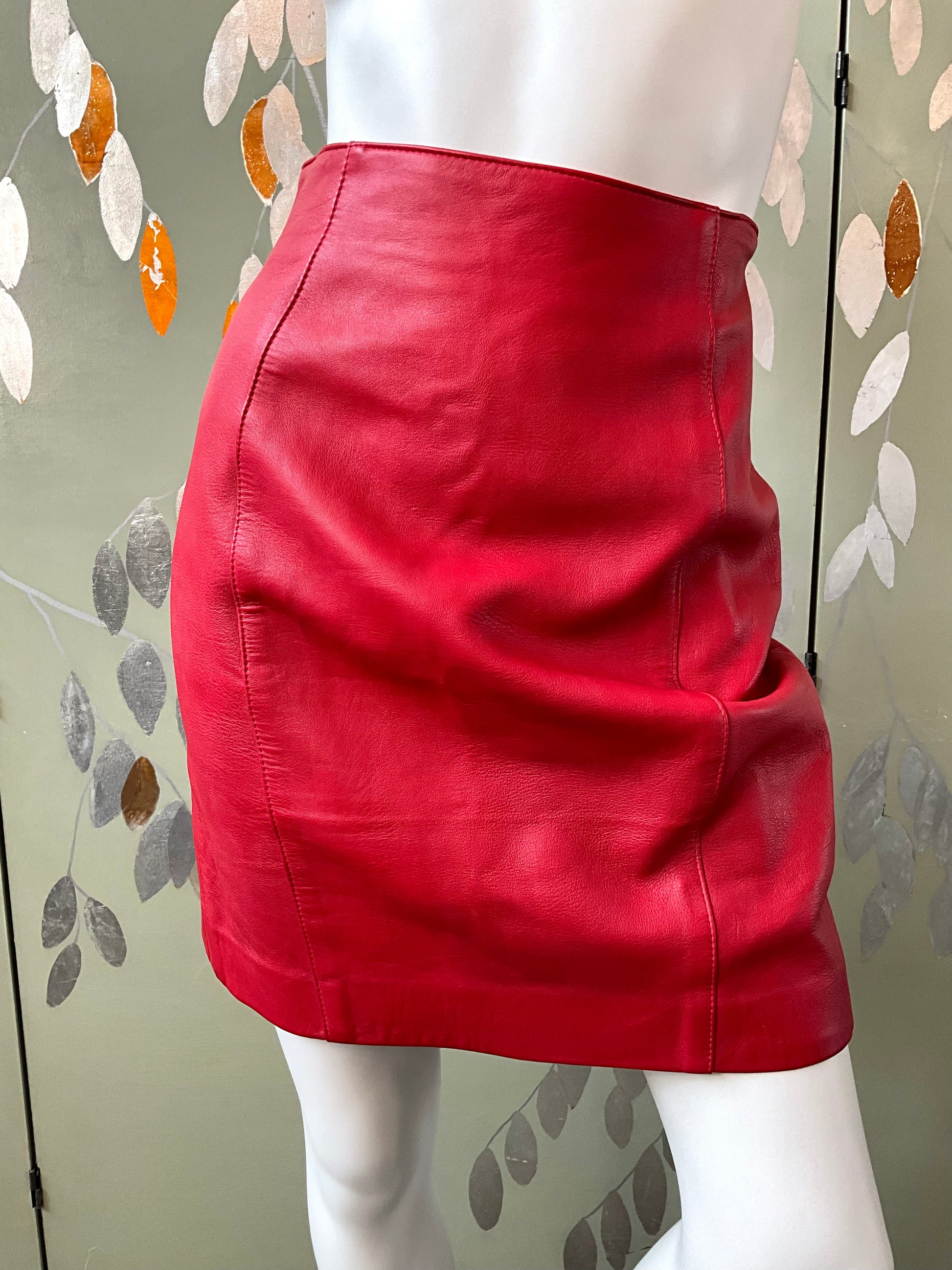 Vintage 1980s Red Leather Peplum Jacket & Skirt Set, Medium 