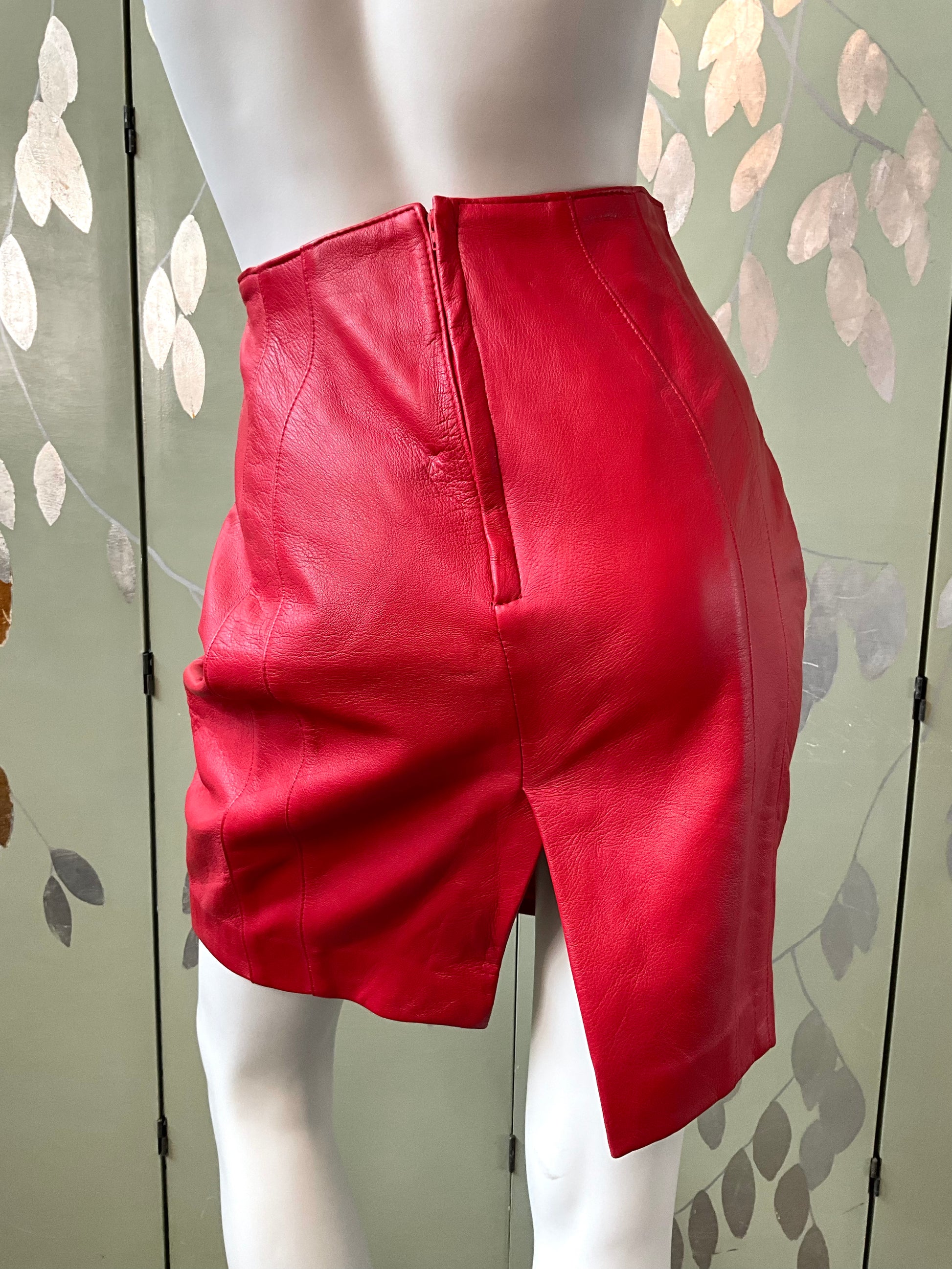 Vintage 1980s Red Leather Peplum Jacket & Skirt Set, Medium 