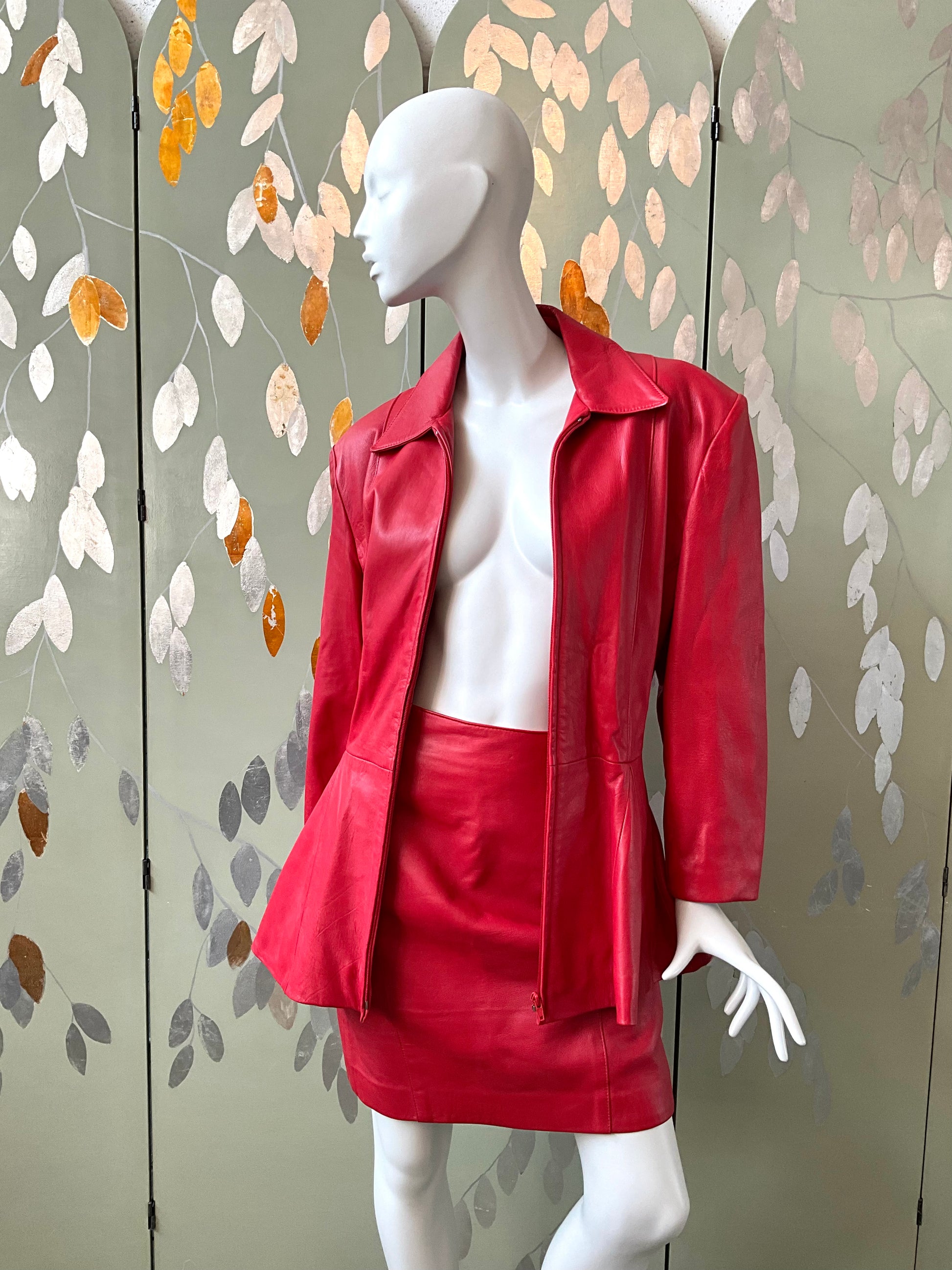 Vintage 1980s Red Leather Peplum Jacket & Skirt Set, Medium 