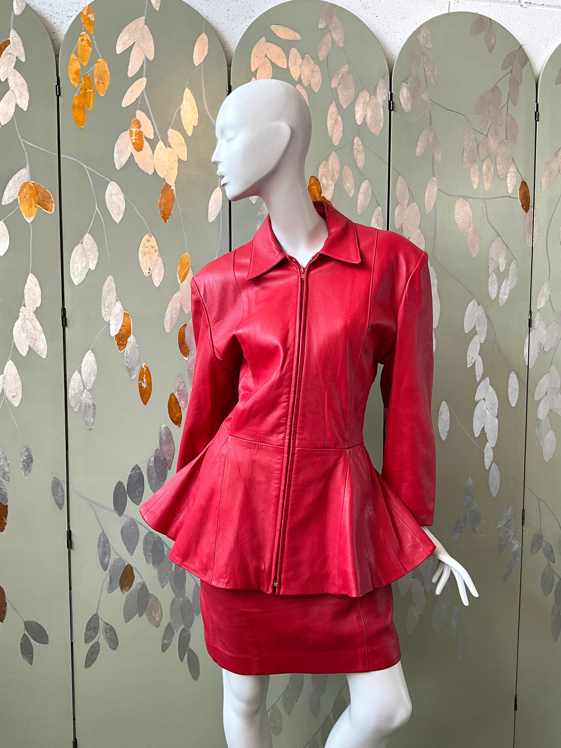 Vintage 1980s Red Leather Peplum Jacket & Skirt Set, Medium Vintage 1980s Red Leather Peplum Jacket & Skirt Set, Medium